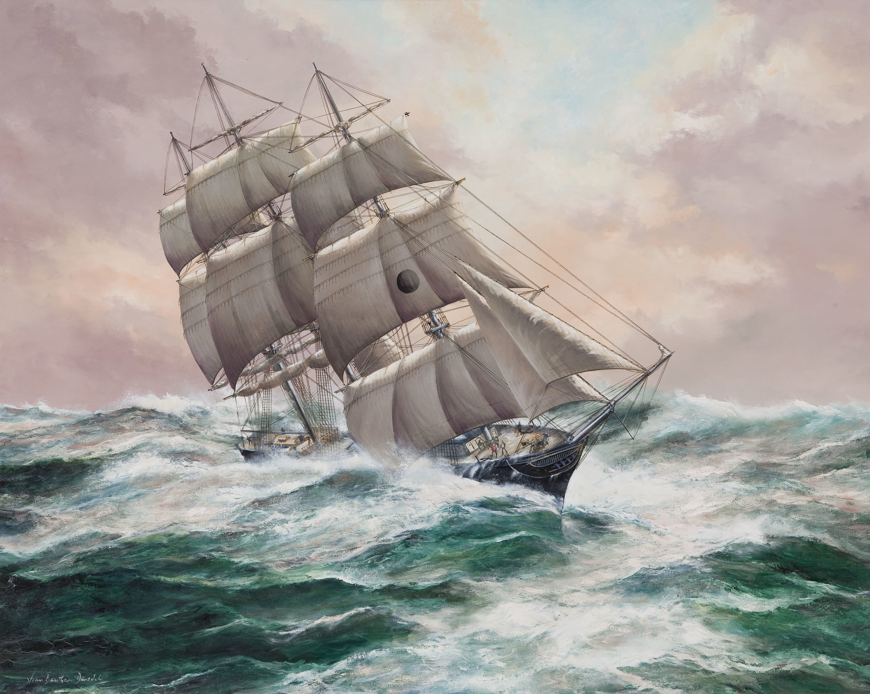 gray and white galleon ship painting, wave, the ocean, figure
