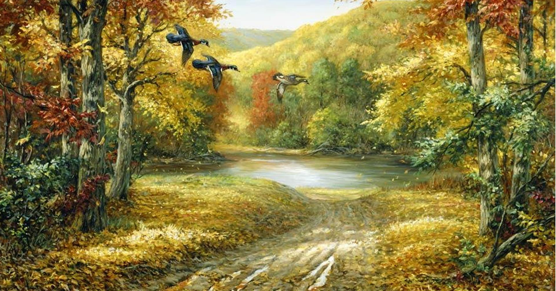 Forest Mural, birds, painted, shrubs, weeds, brown, ducks, autumn