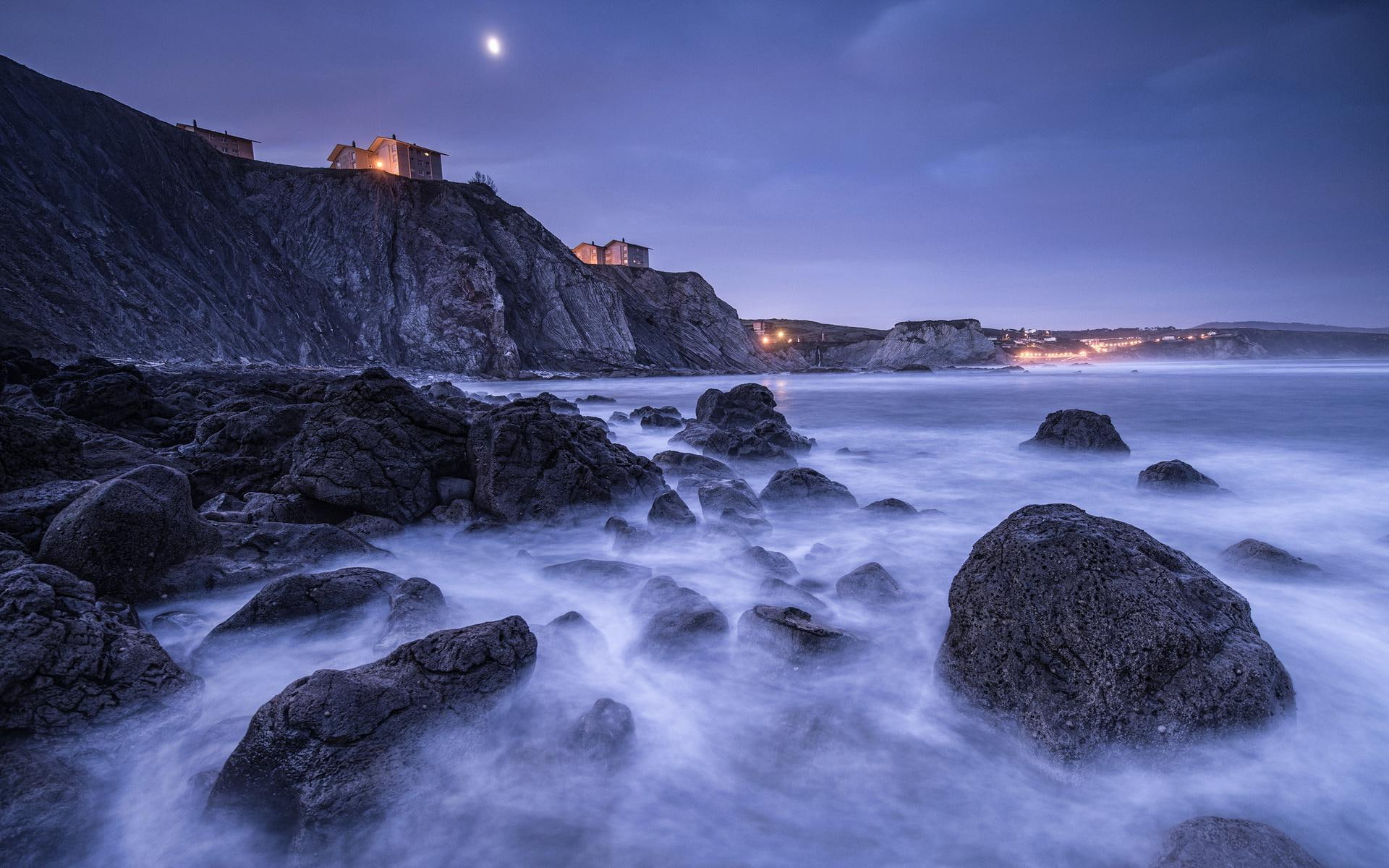Spain Bay Biscay Beach Stones Rocks Houses Lights Lighting Night Moon Blue Sky Image Gallery