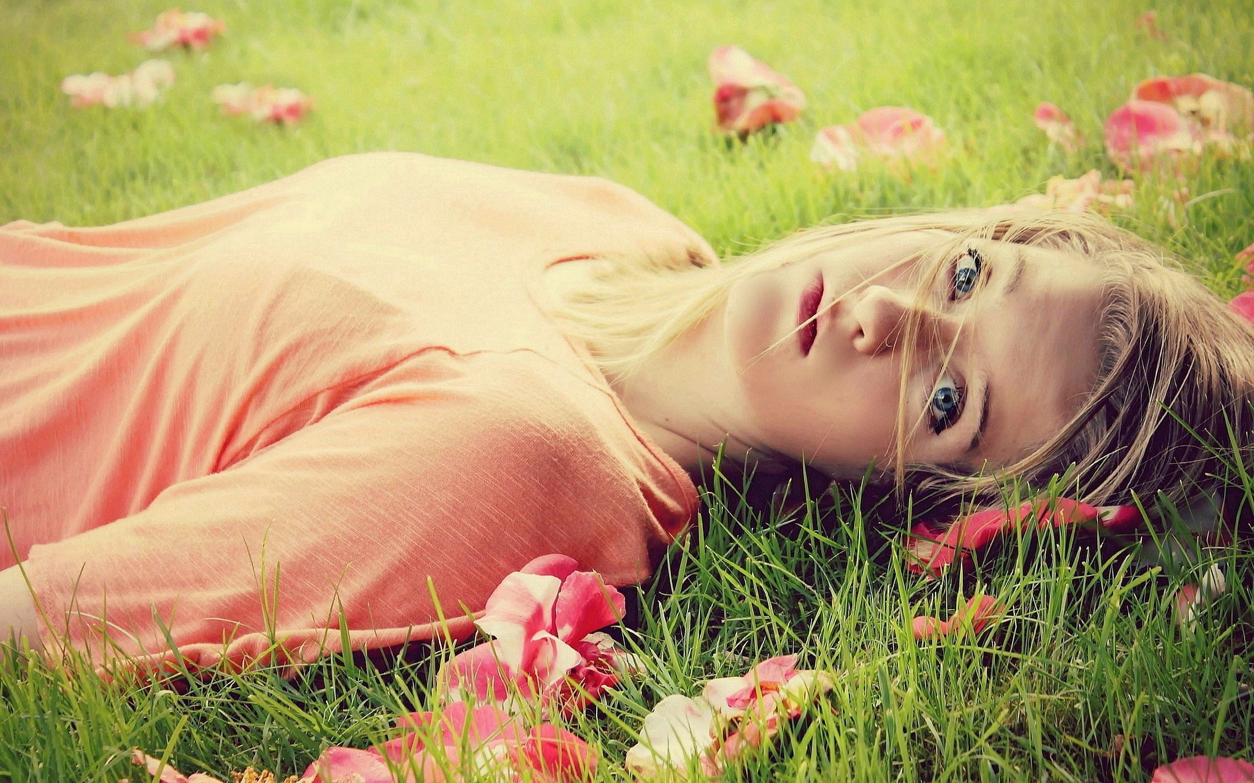 women's pink scoop-neck top, grass, flowers, girl, lying, hair