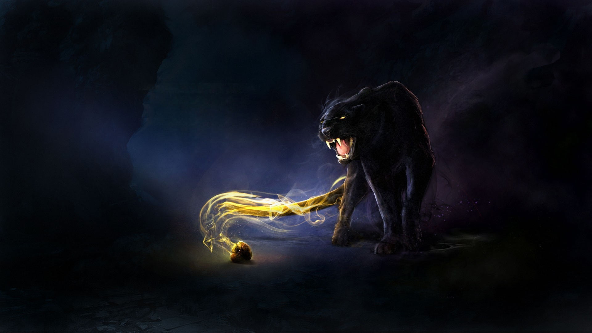 black panther and yellow light illustration, pumas, cat, animals