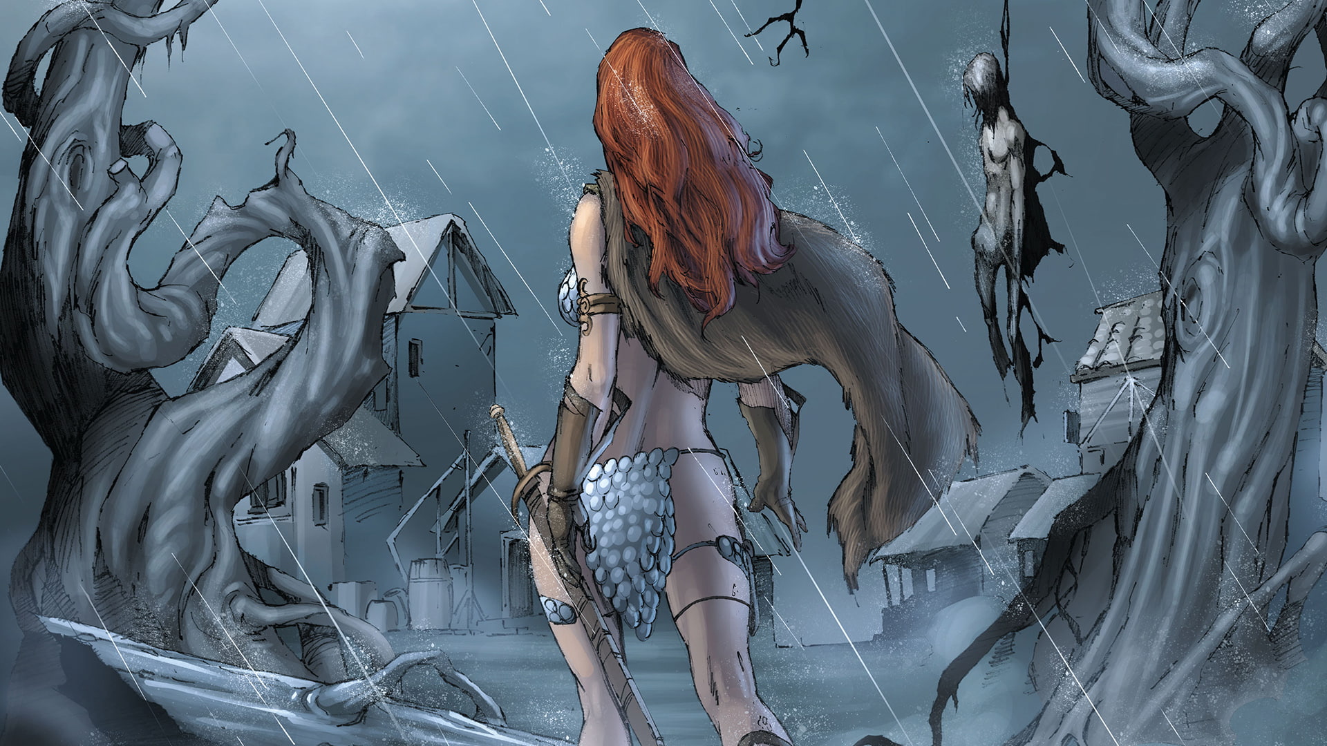 Red Sonja Redhead Rain HD, cartoon/comic