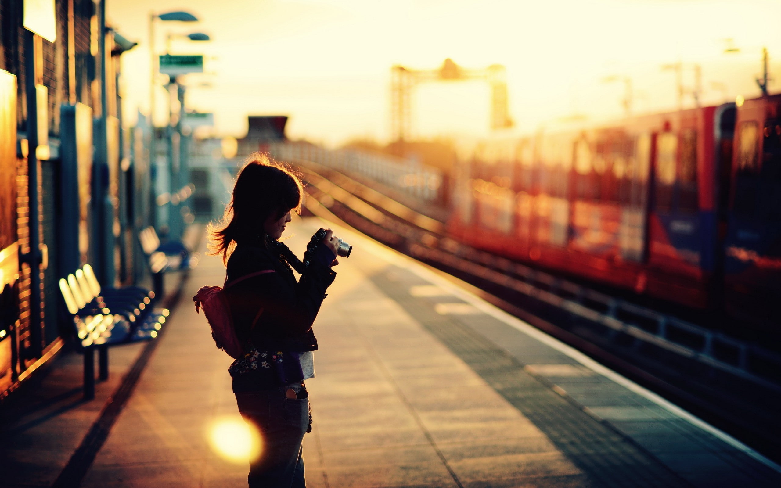 photography, railway, railway station, depth of field, sunset