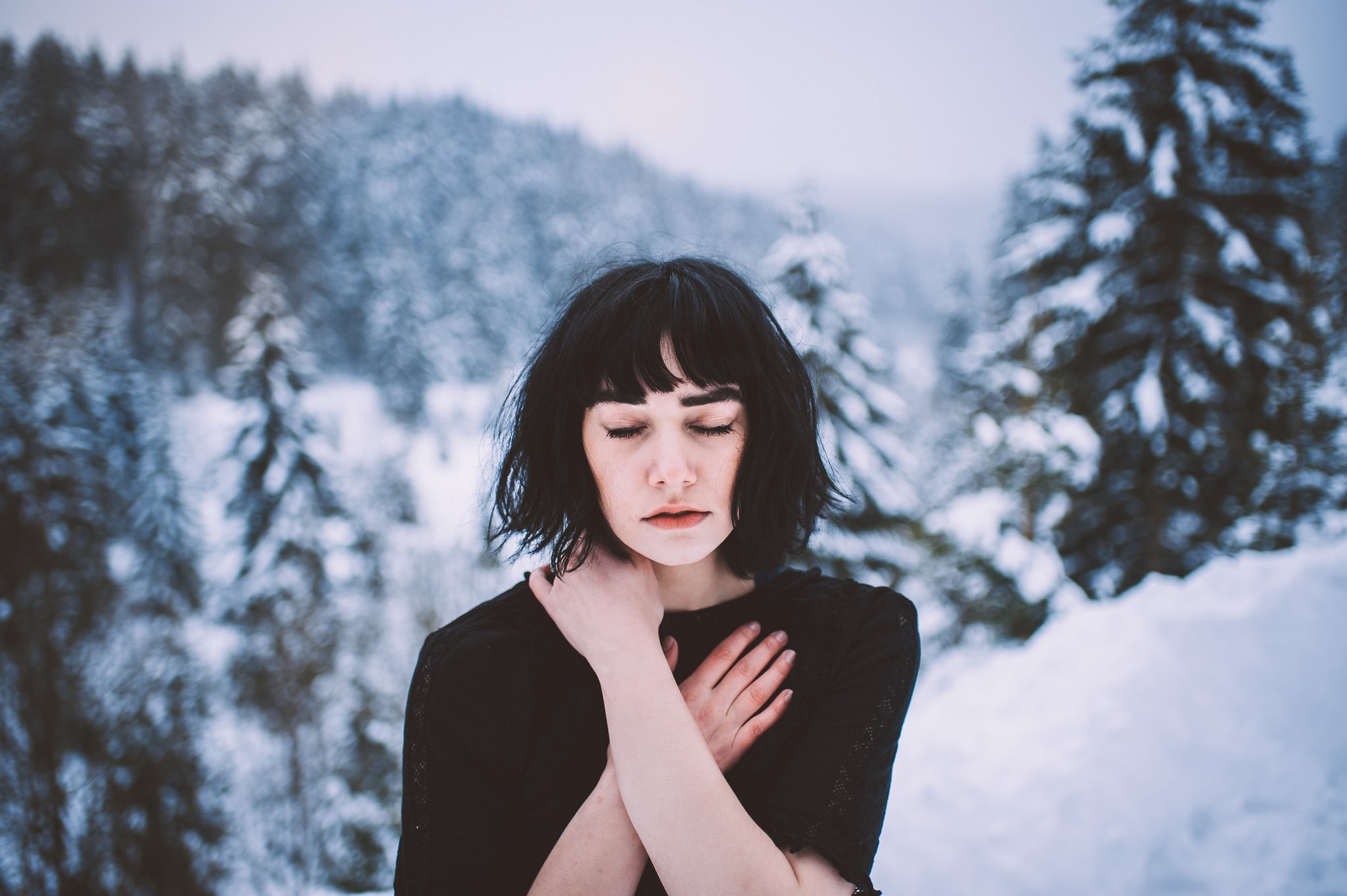 women, black hair, closed eyes, hands on chest, winter, women outdoors