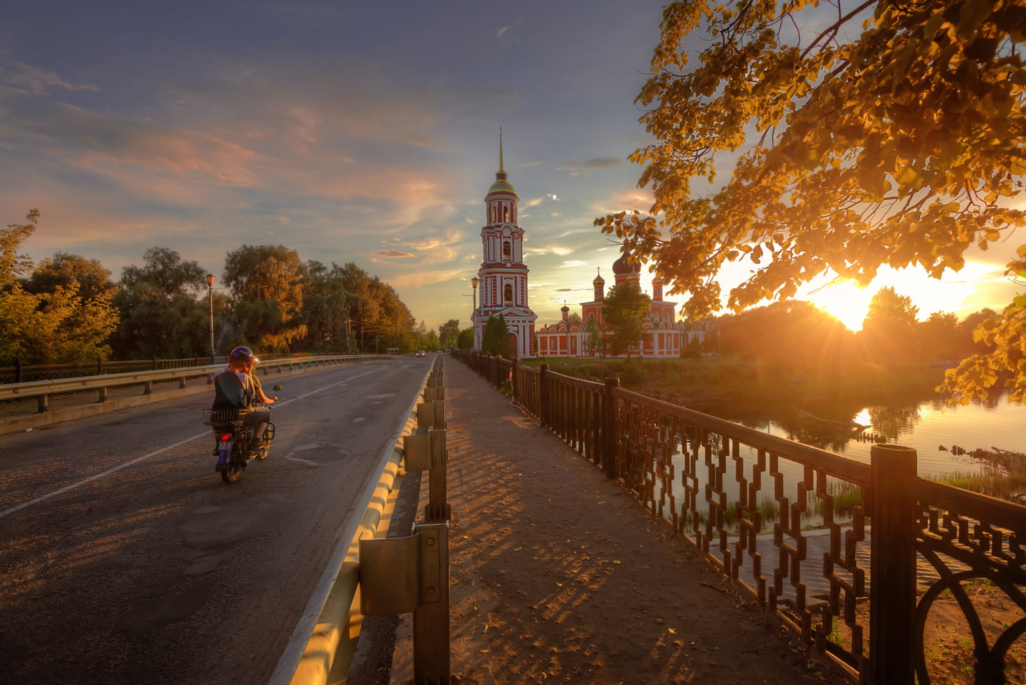 road, sunset, the city, river, Cathedral, Ed Gordeev, Gordeev Edward