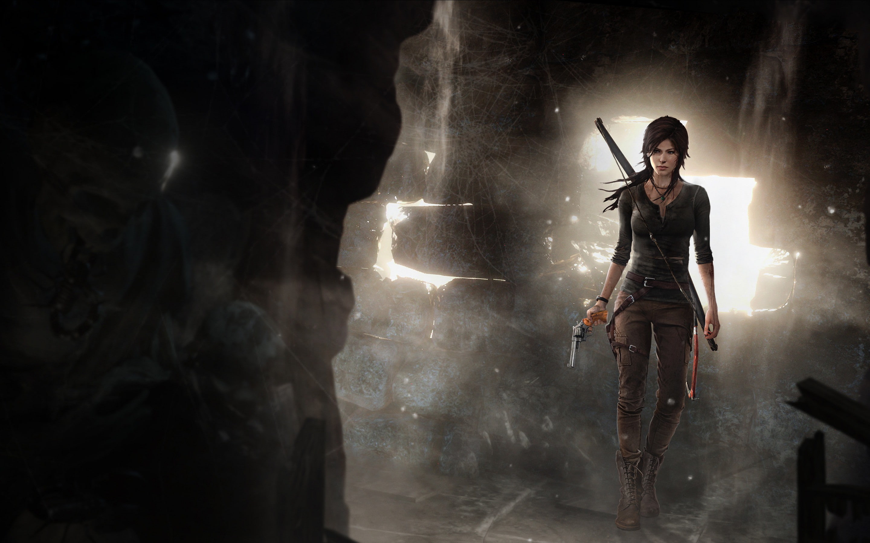 Lara Croft, Game, tomb raider illustration, skull, gun, bow, skeleton