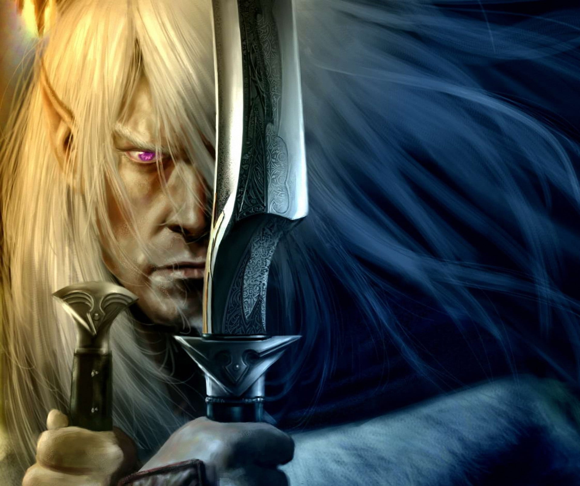 Drizzt Do'Urden, weapons, elf, focus, warrior, art, swords, drow