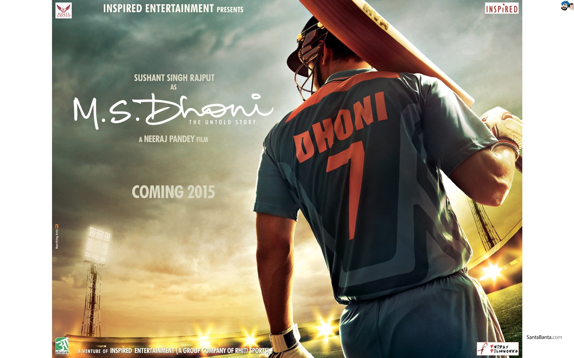 M.S. Dhoni poster, Bollywood, text, standing, western script