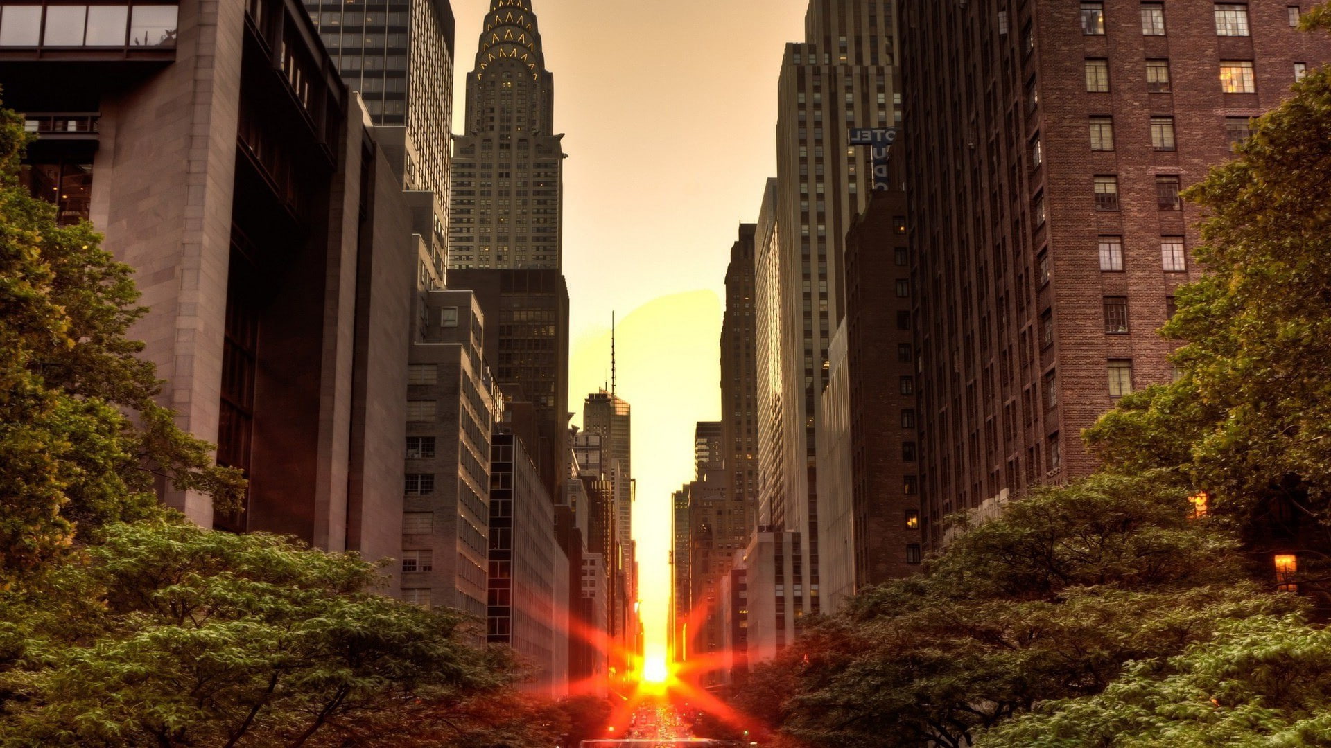Cityscape, Manhattan, Manhattanhenge, New York City, sunset