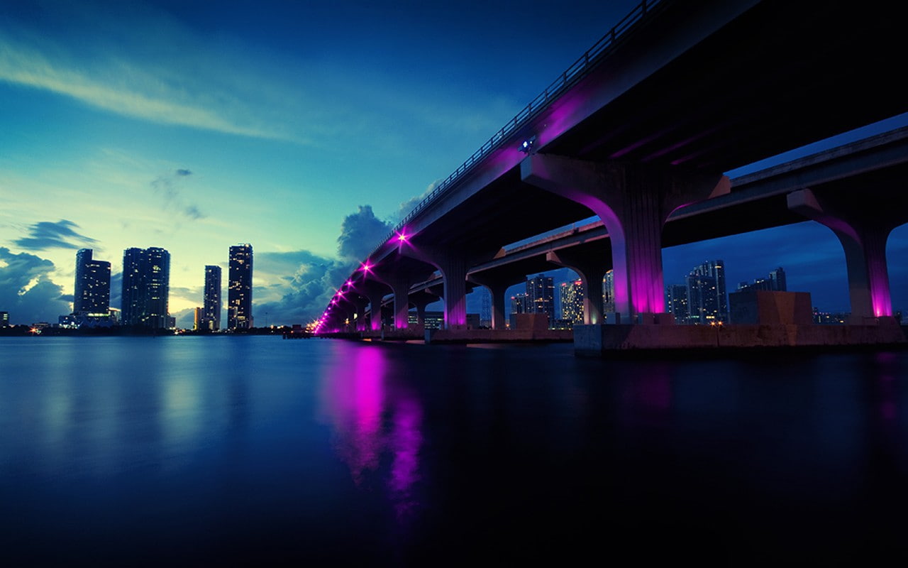 city, urban, bridge, Miami, river, architecture, built structure