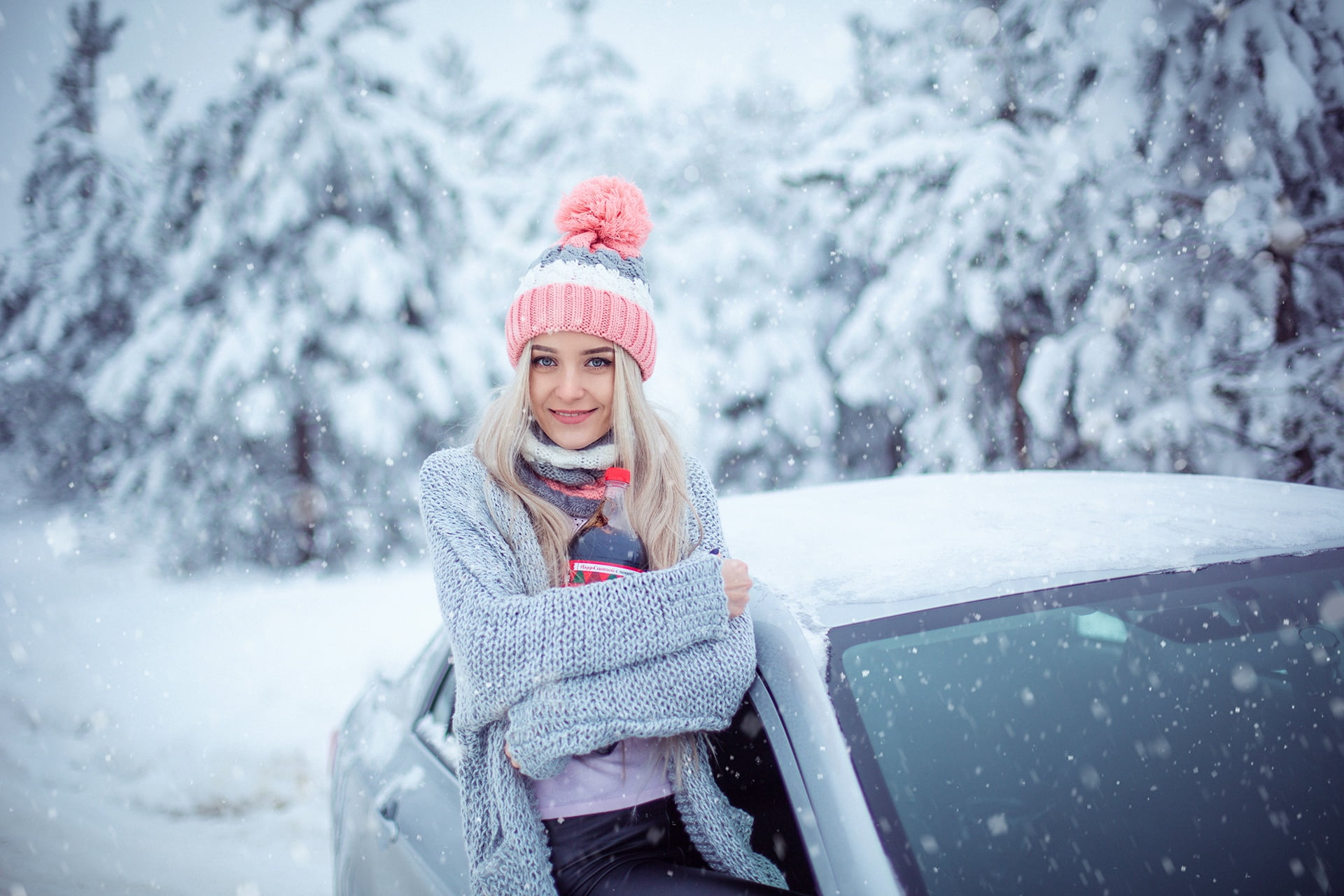 Sergey Shatskov, women, snow, women outdoors, blonde, women with cars