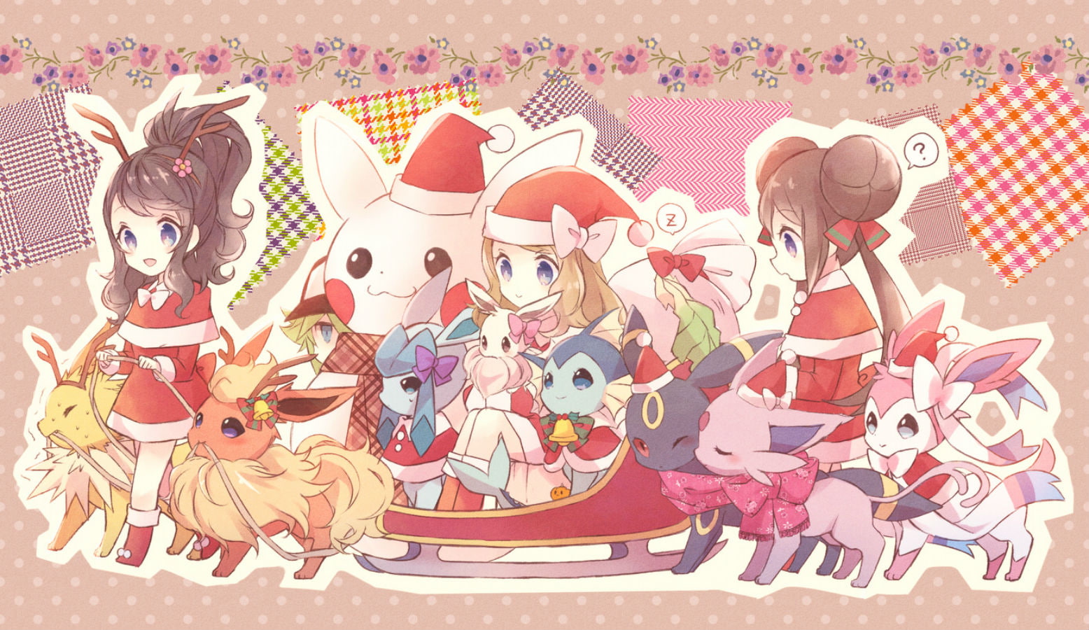 bell, bow, christmas, eevee, espeon, flareon, flowers, glaceon