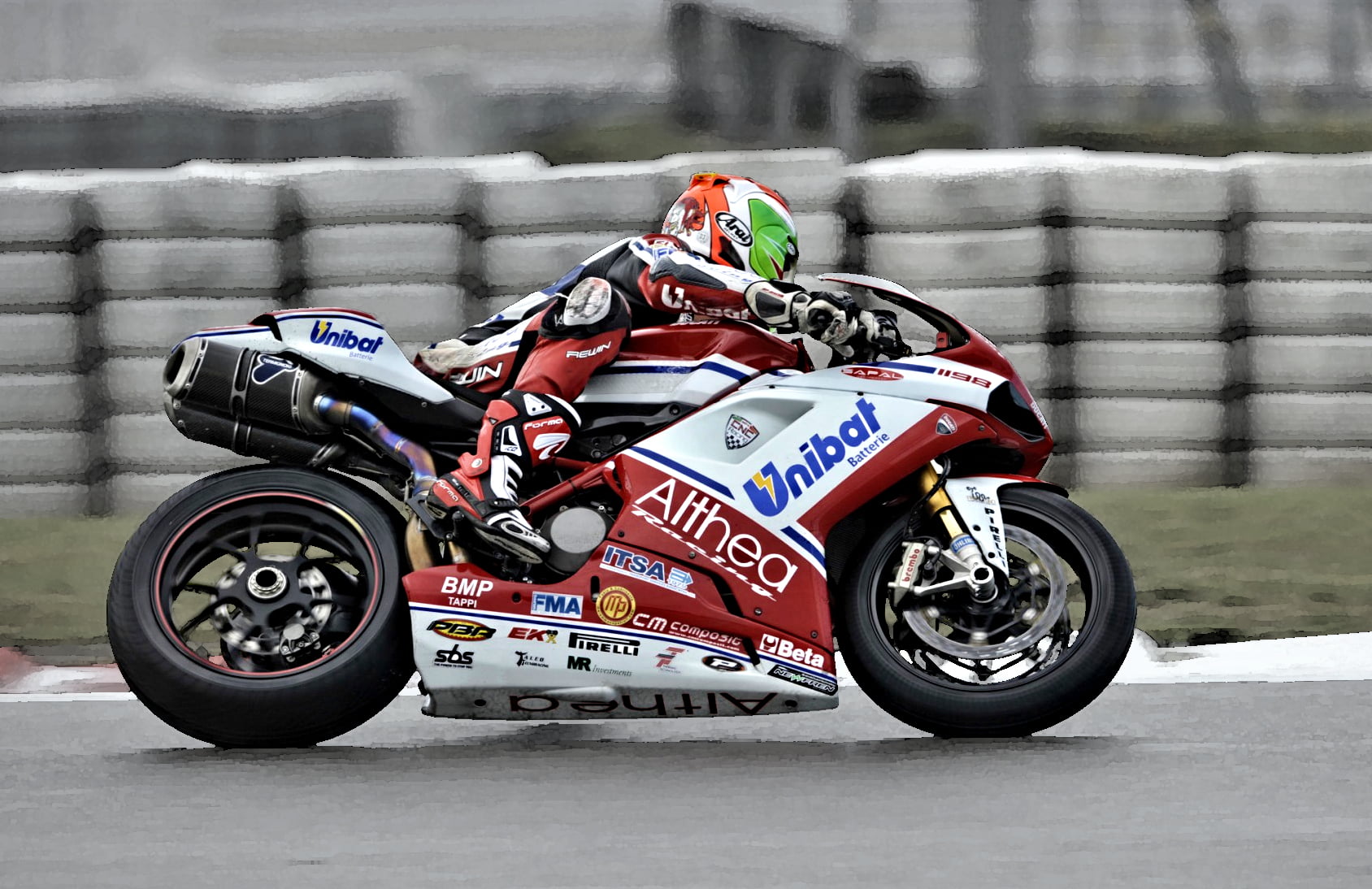 man in racer suit riding on red and white sports bike, DUCATI