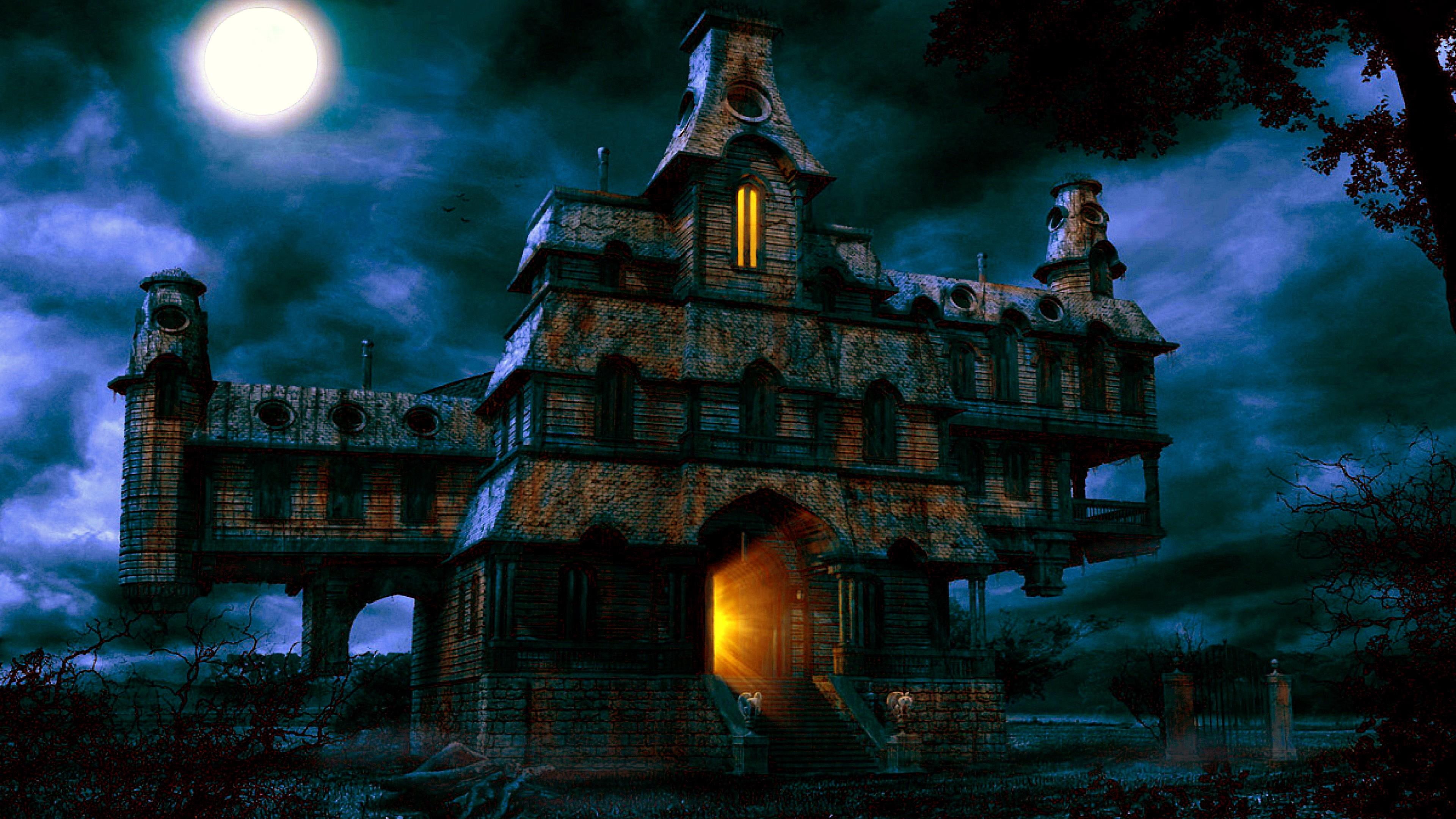haunted house, creepy, halloween, full moon, moonlight, night