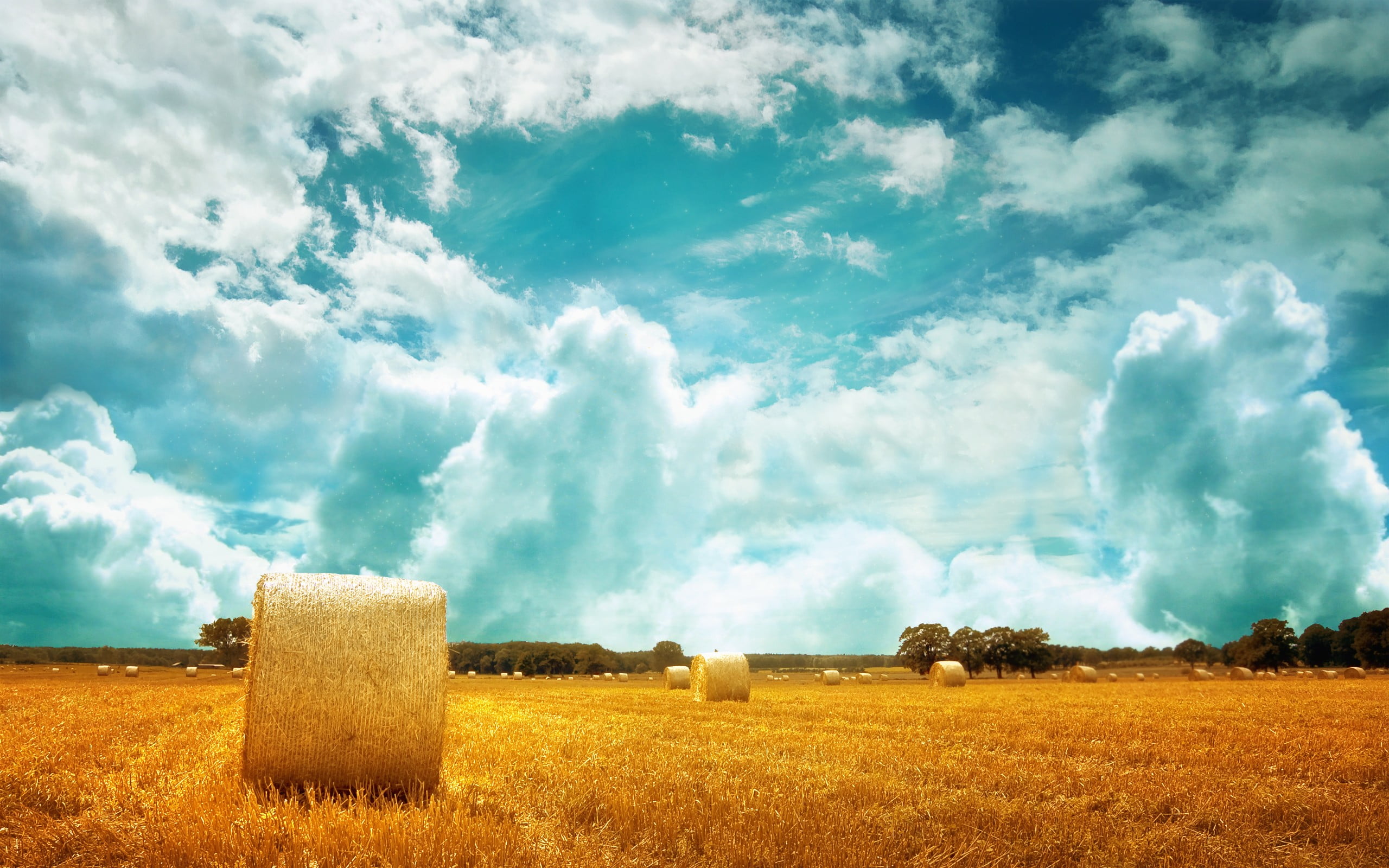 brown haystacks, landscape, nature, sky, field, clouds, cloud - sky