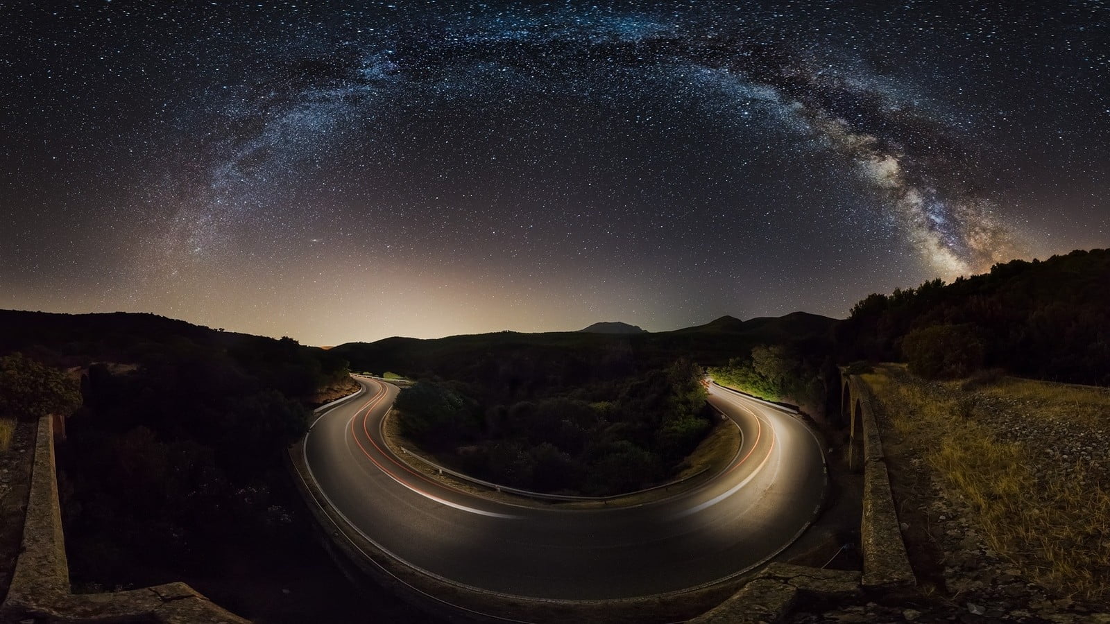 gray road between trees, nature, landscape, starry night, Milky Way
