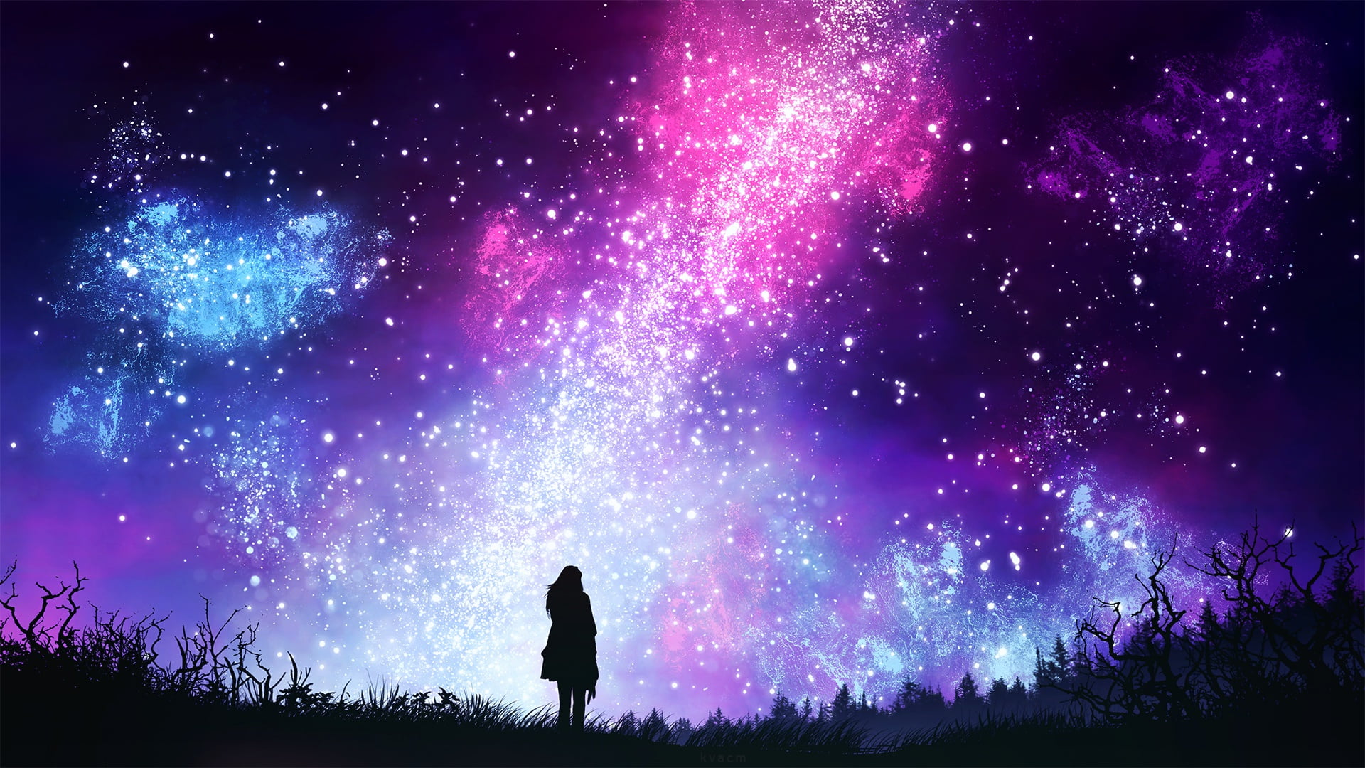pink, purple, and blue galaxy stars, the sky, girl, space, night