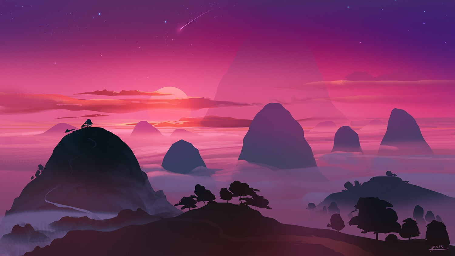 mountains illustration, artwork, sunset, sky, stars, beauty in nature
