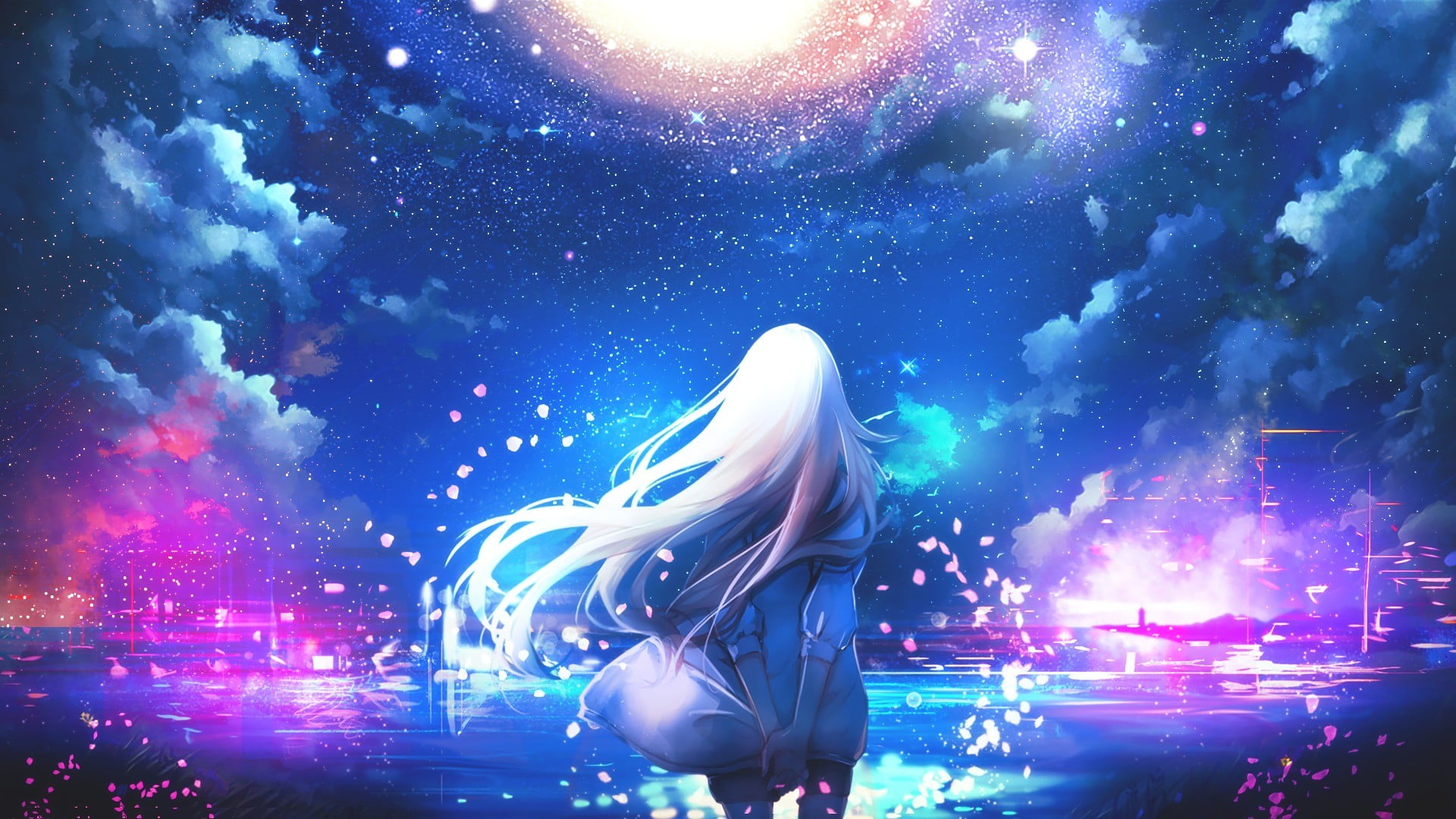 female anime character, anime girls, white hair, long hair, sky