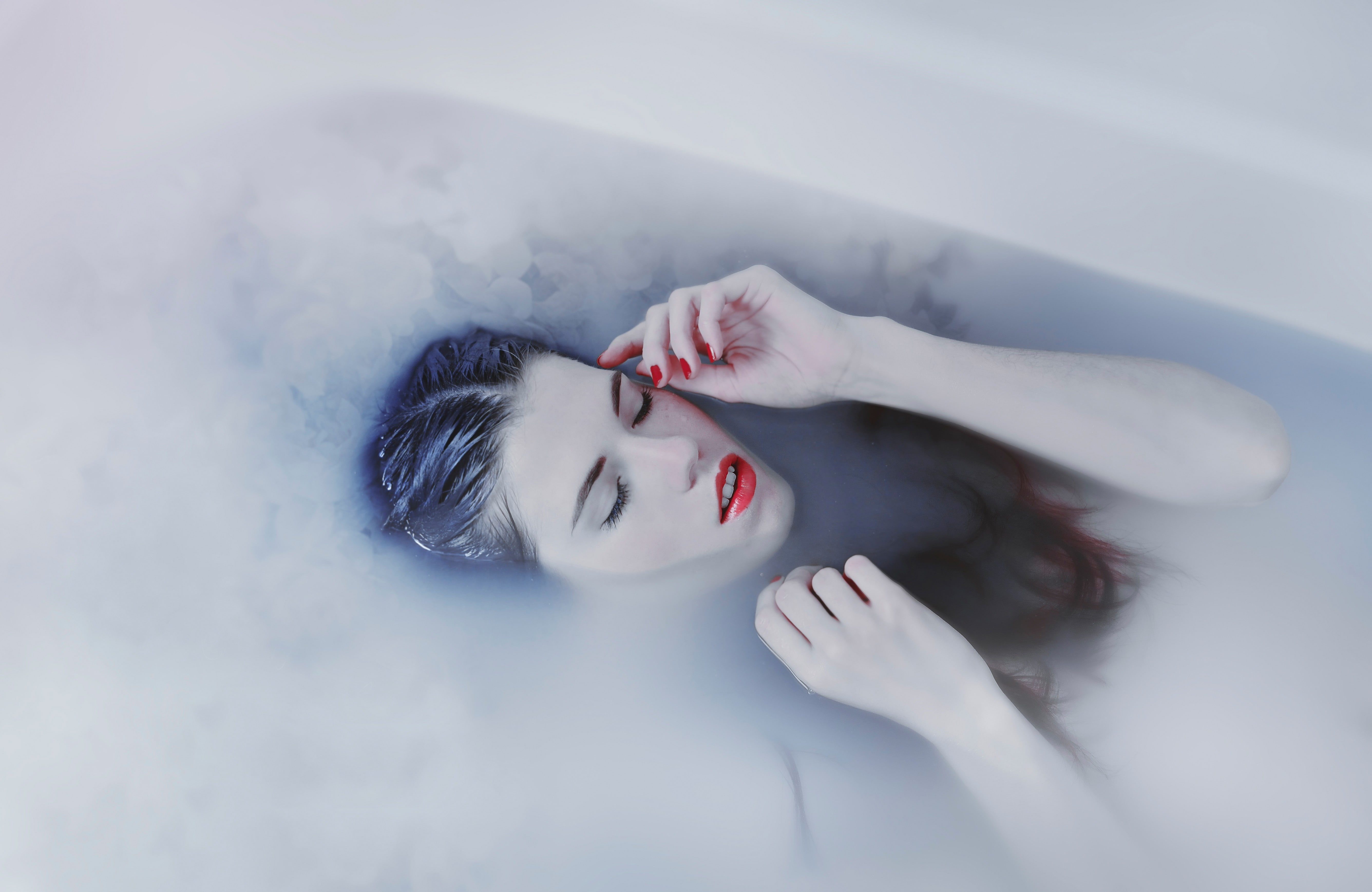 bathtub, model, women, closed eyes, painted nails, red lipstick