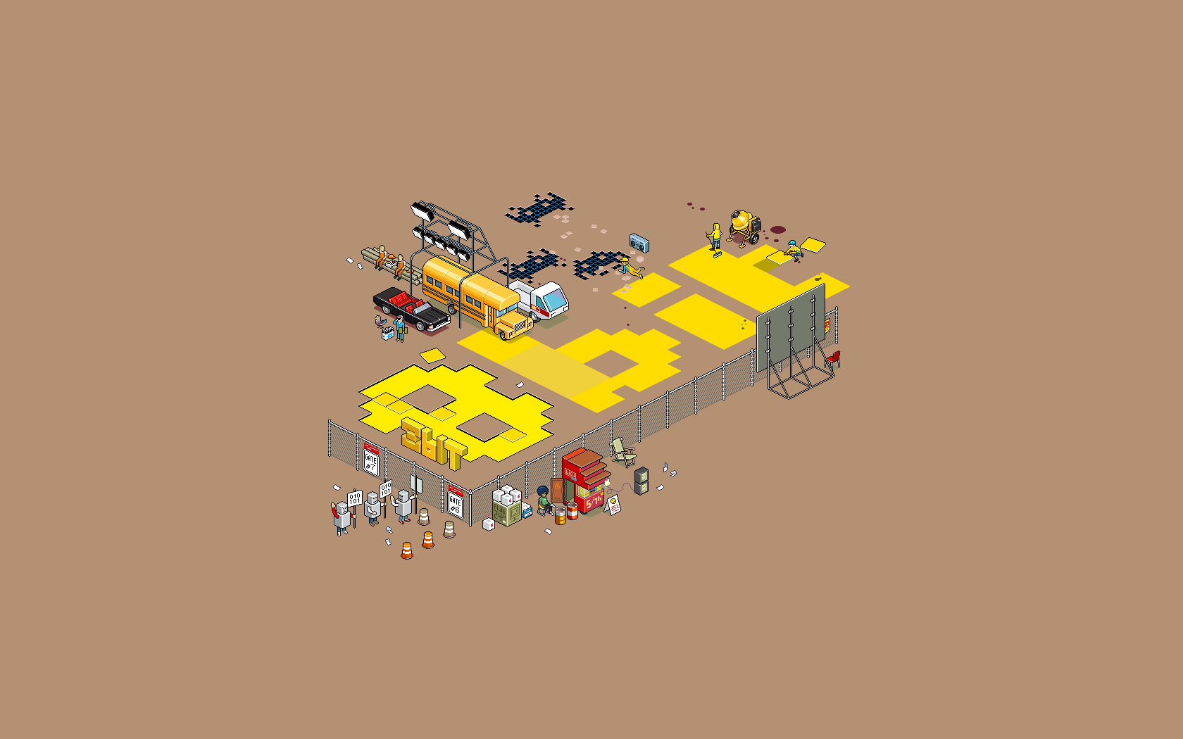 3d, 8 bit, car, Construction Site, fence, men, Pixel Art, Pixels