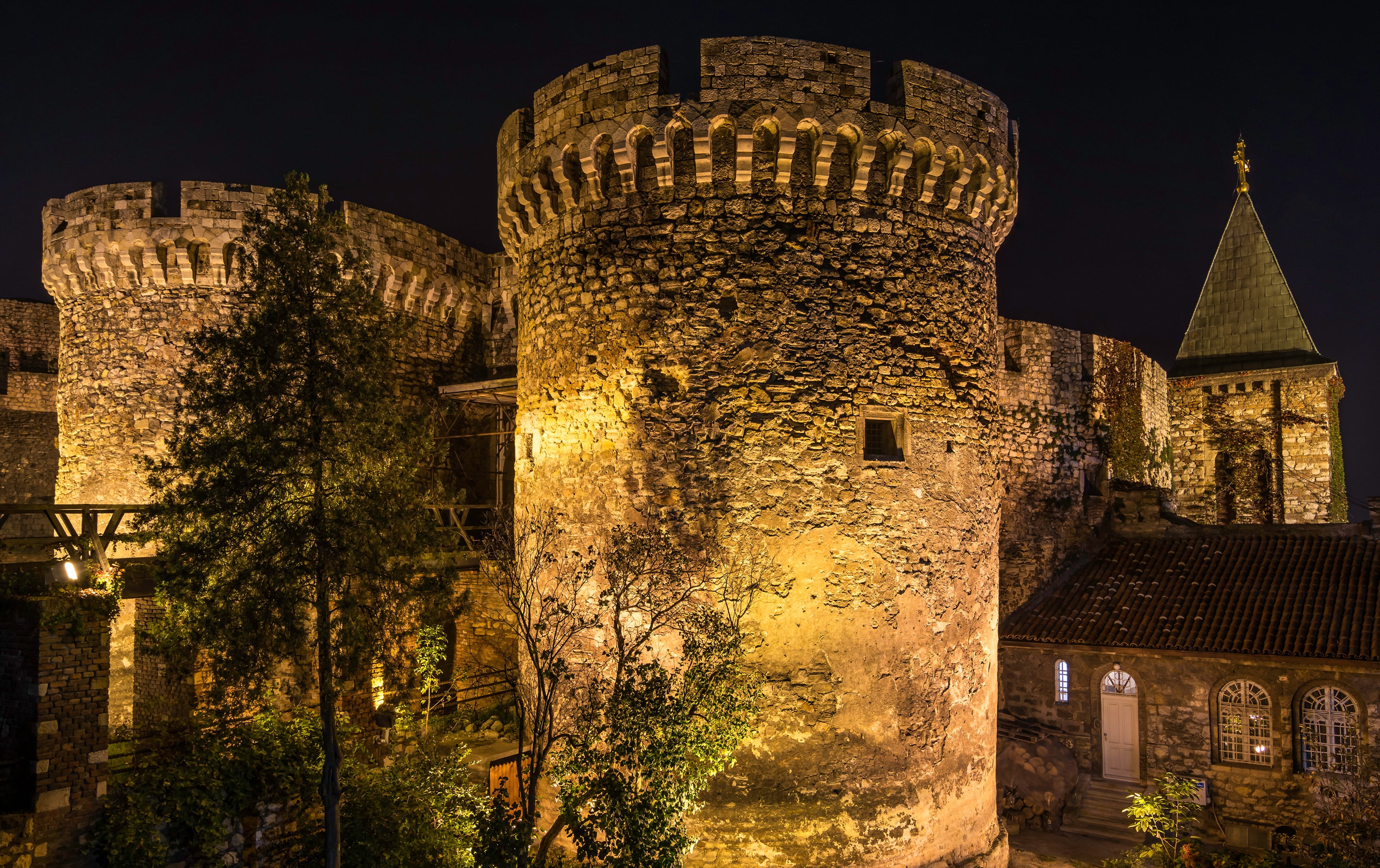 trees, night, lights, wall, tower, fortress, Serbia, Belgrade