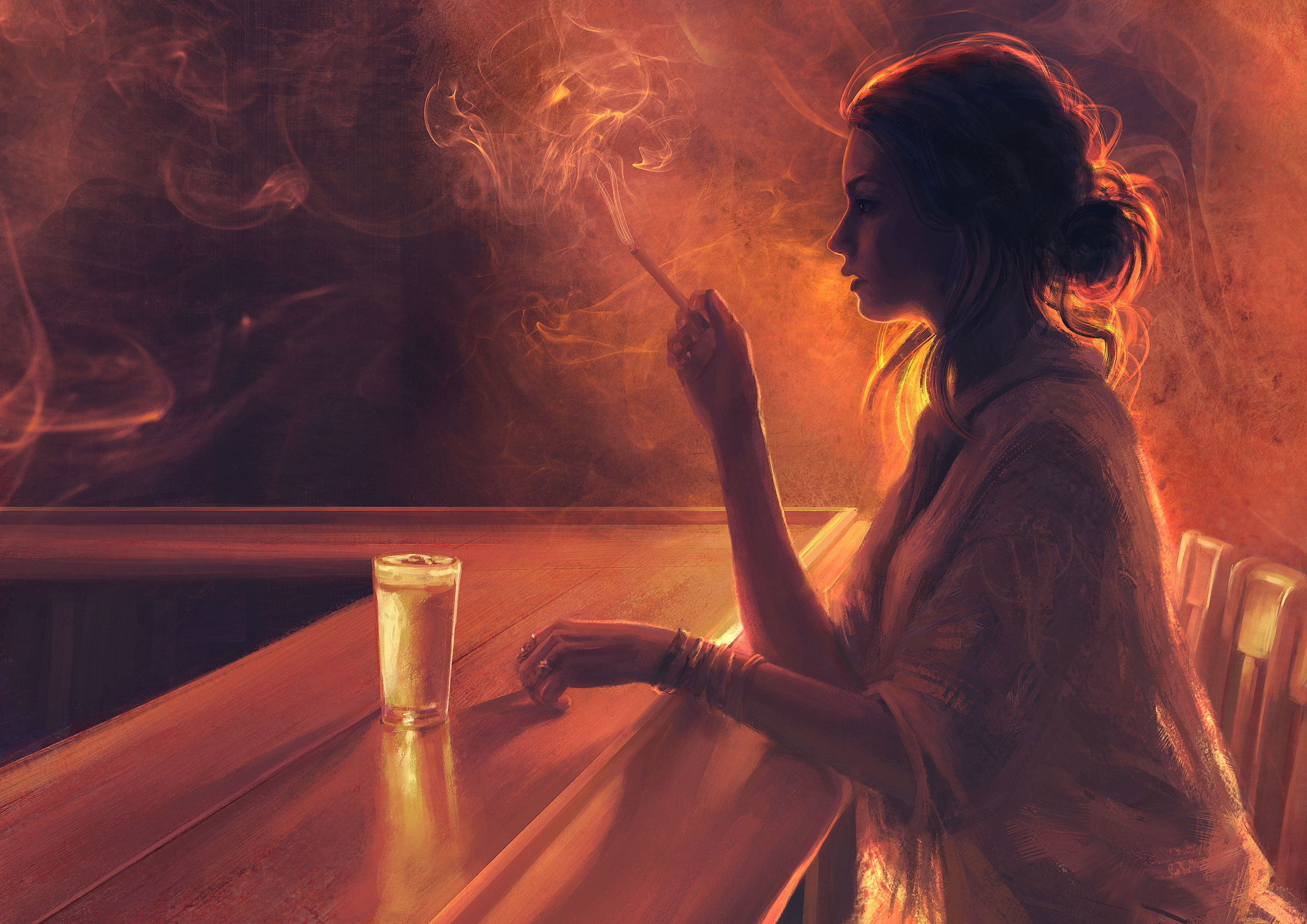 artwork, women, smoke, painting, glass, digital art, cigarettes