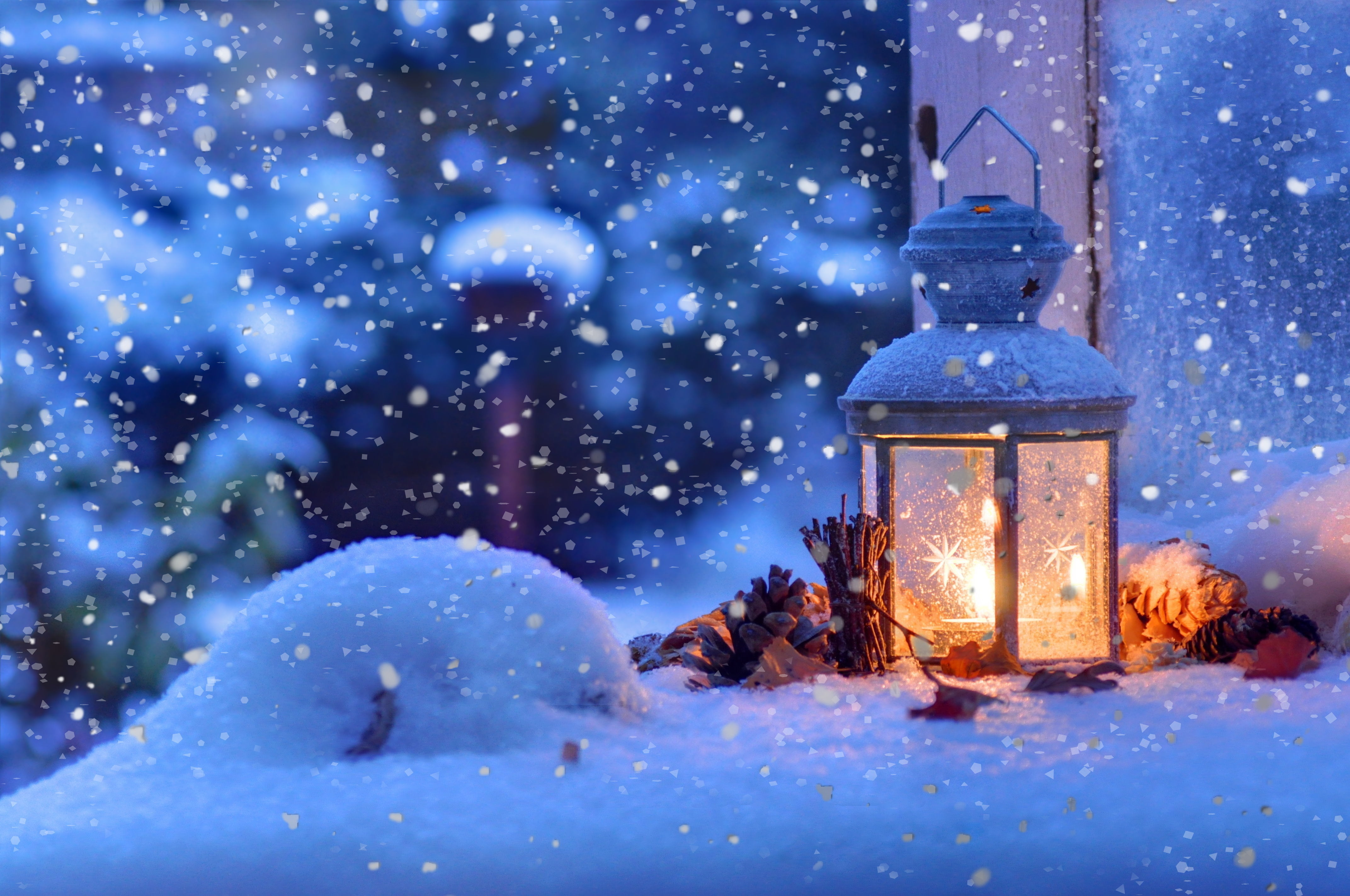 gray steel candle lantern, winter, macro, snow, snowflakes, mood