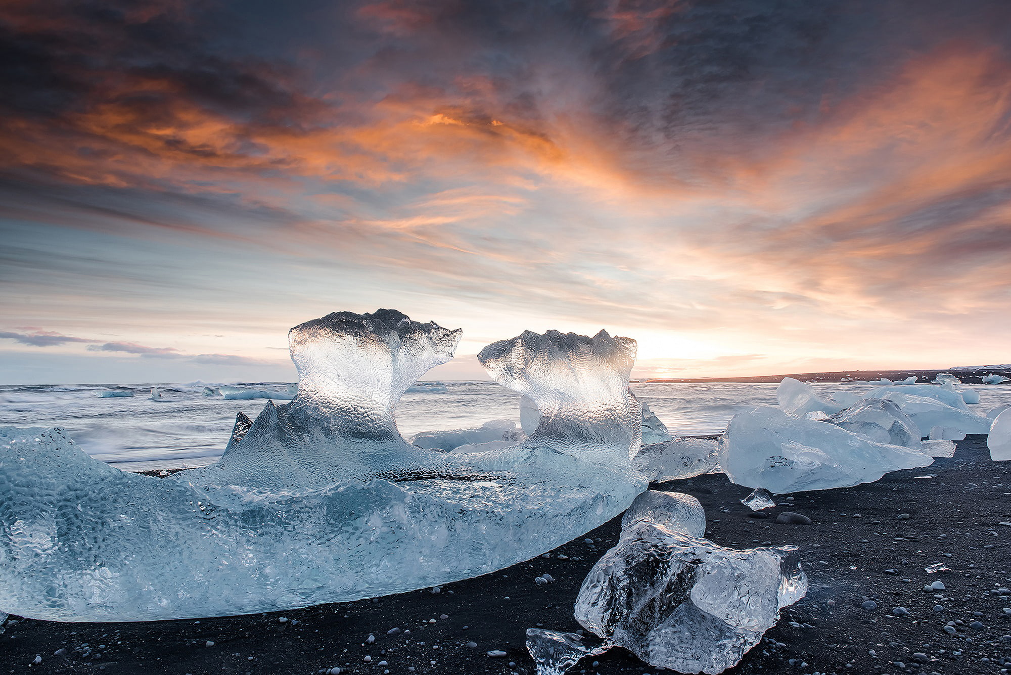 sea, beach, light, stones, ice, Iceland, the glacial lagoon of Jökulsárlón