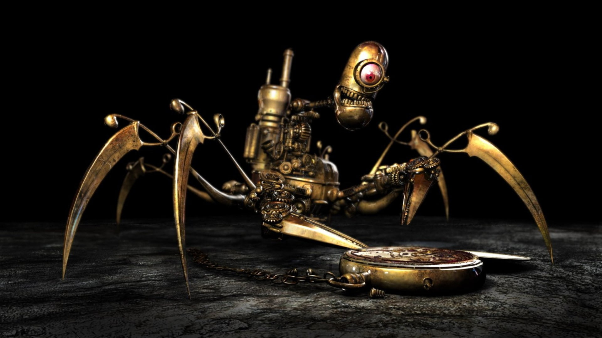 creepy robot gold steampunk pocketwatches, black background