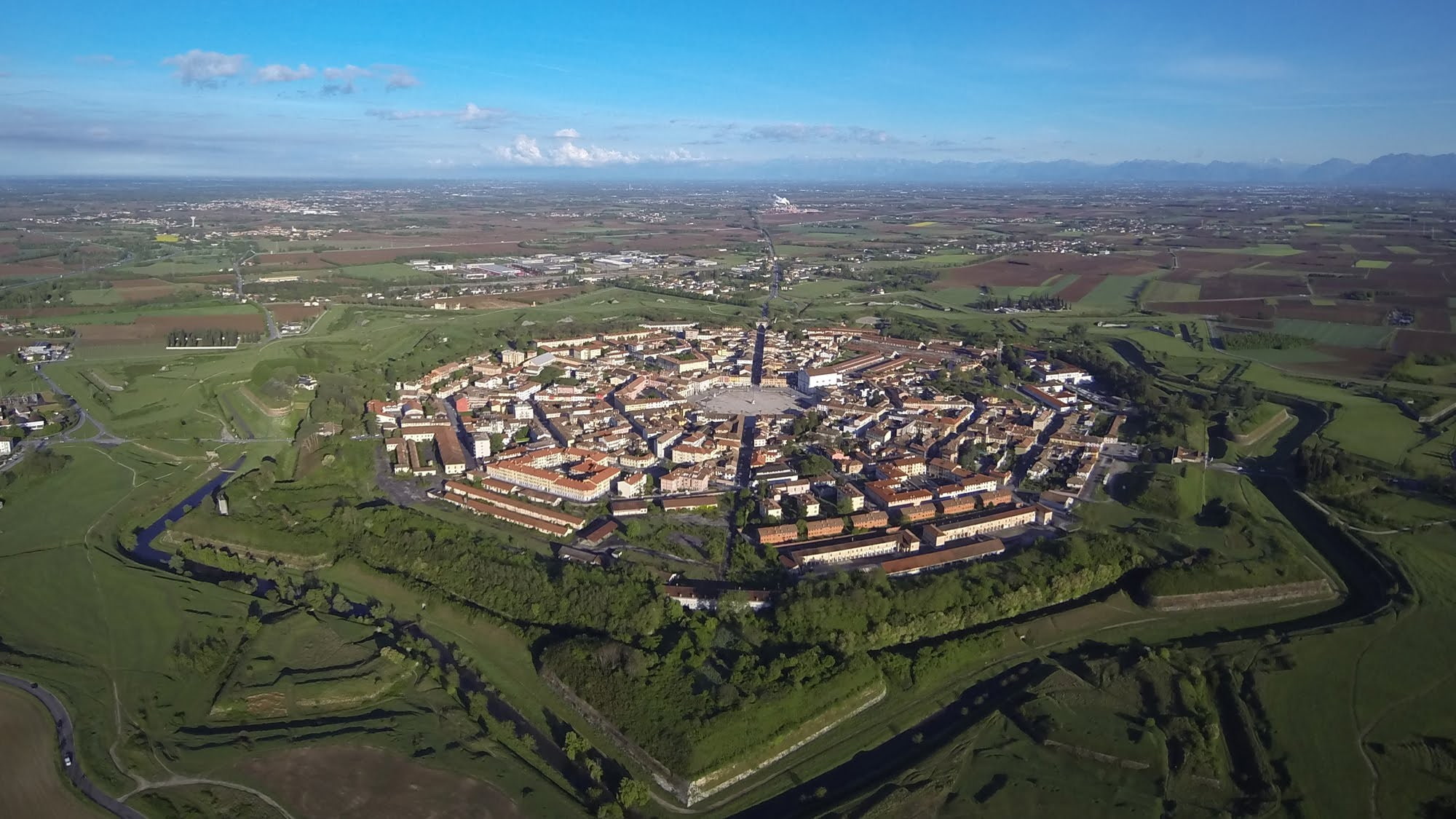 house, building, aerial view, Palmanova, landscape, Italy, city