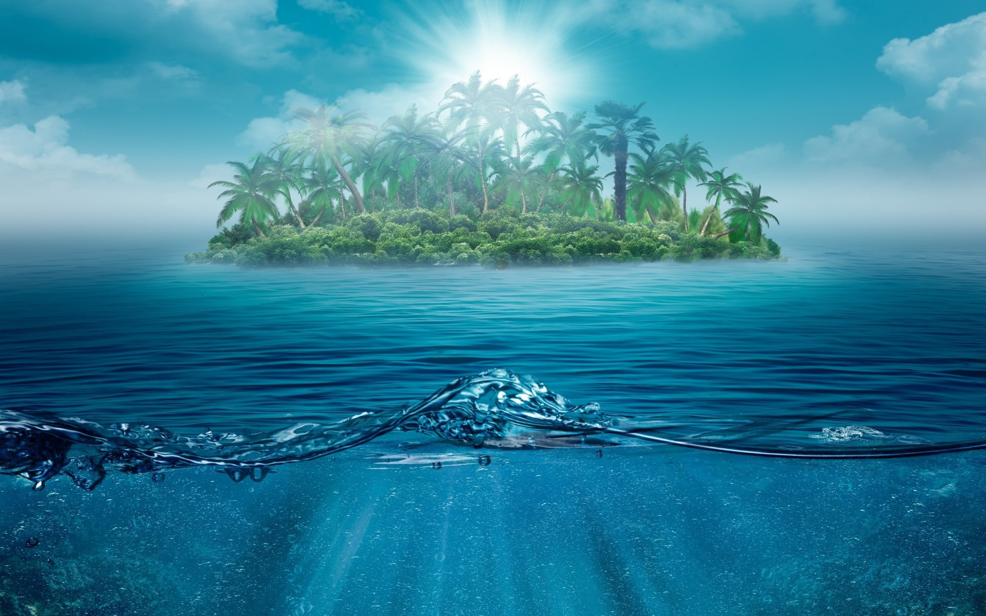 water, split view, island, Palm tree, sea, landscape, green island illustration