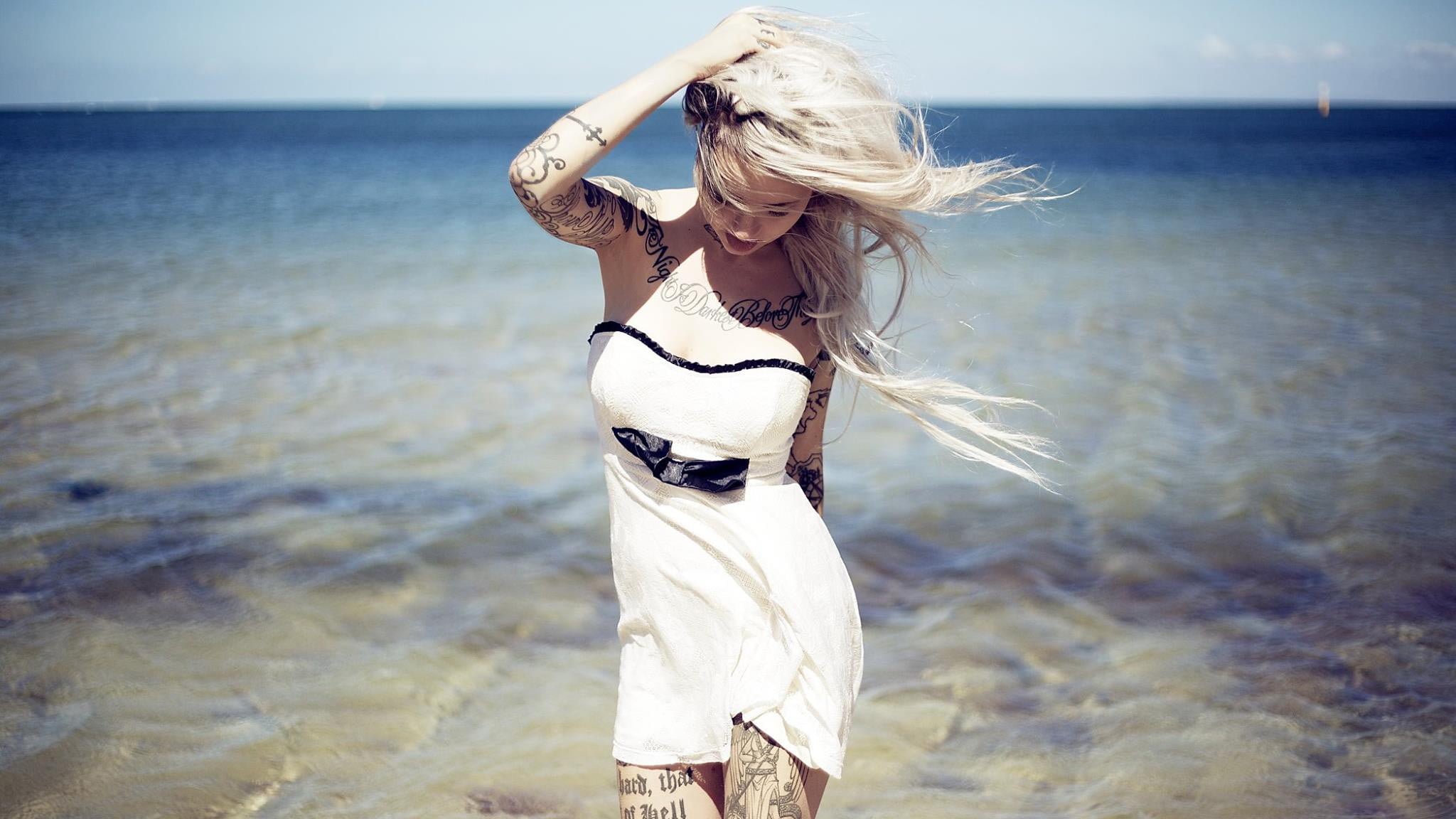 Sara Fabel, blonde, tattoo, women, model, sea, one person, water