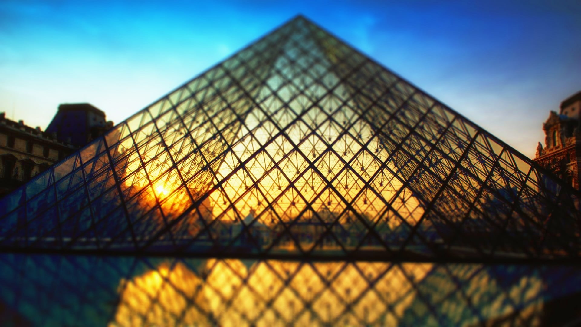Louvre, Paris France, sunlight, architecture, pyramid, sky, built structure