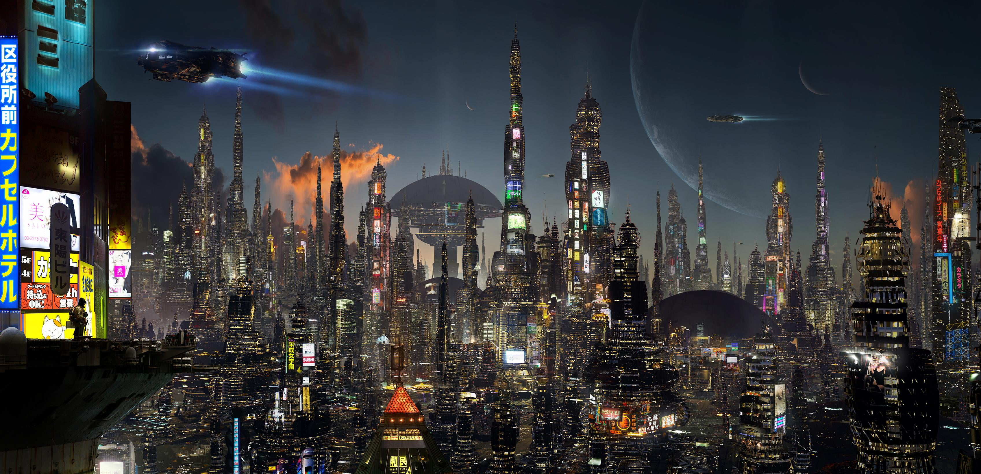 futuristic city, science fiction, night, city lights, digital art