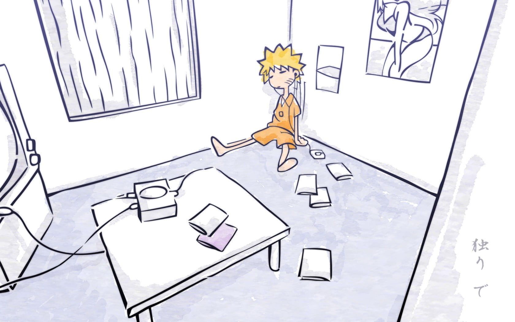 Naruto drawing, simple background, anime, room, Uzumaki Naruto