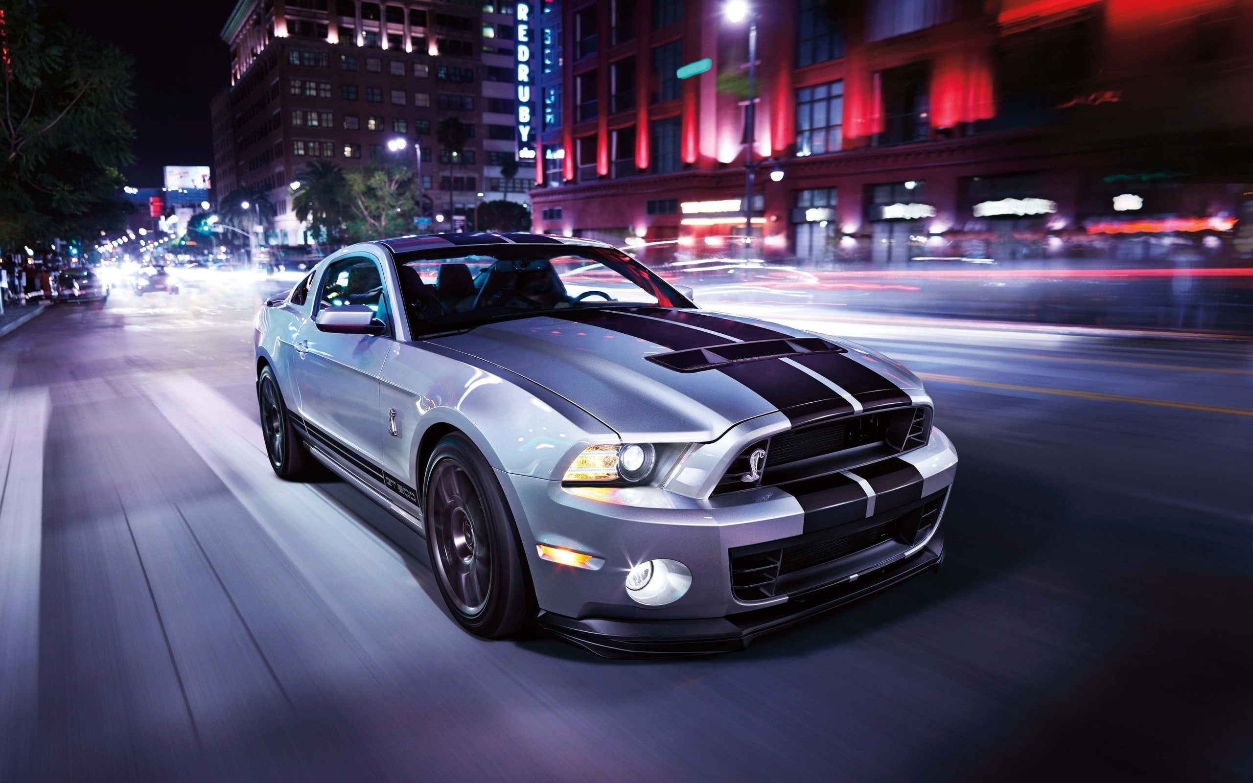 Ford Mustang Shelby GT 500, Car, Motion Blur, Night, Street, silver and black shelby mustang
