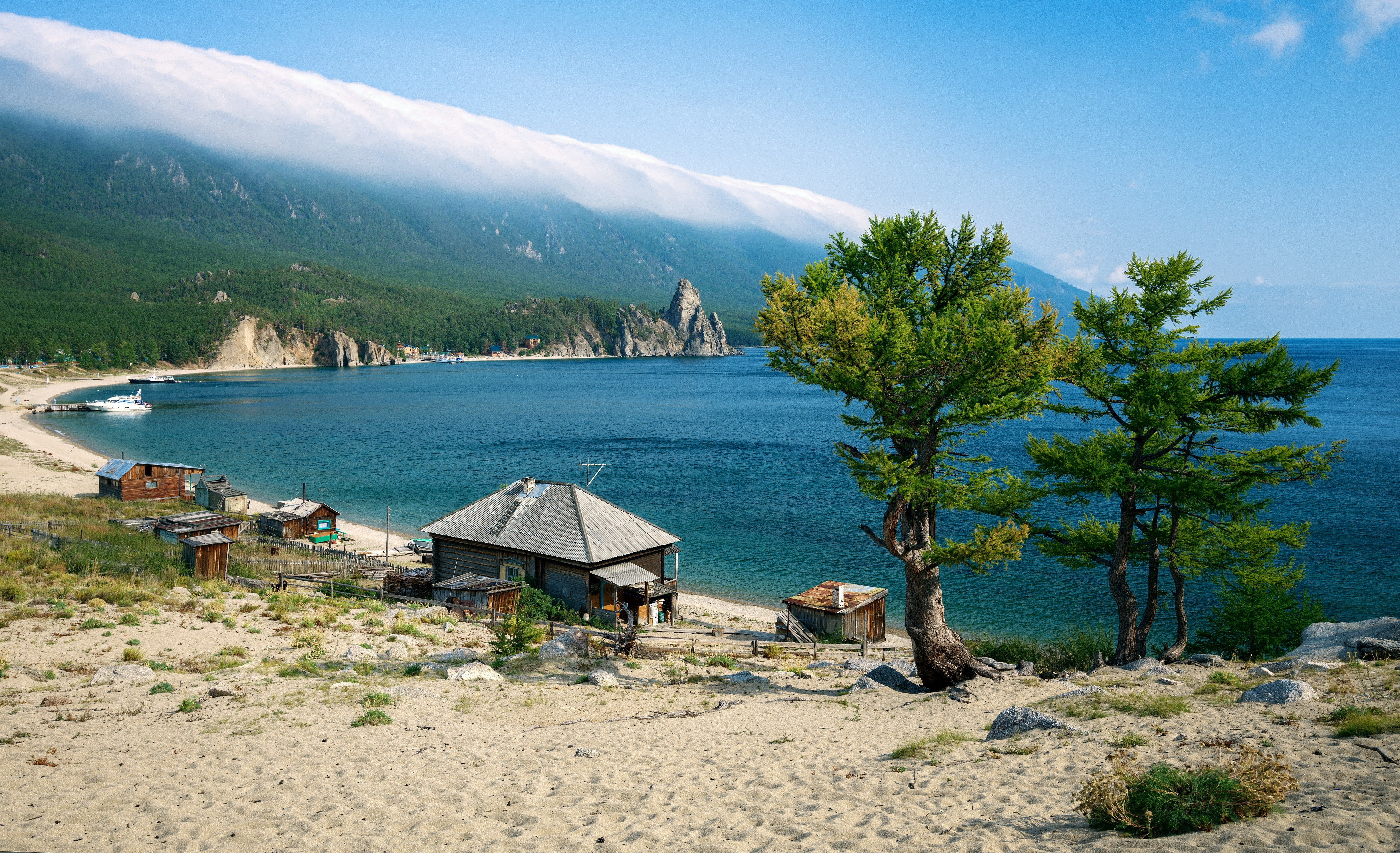 nature landscape water lake mountain trees clouds lake baikal russia house boat sand beach forest mist