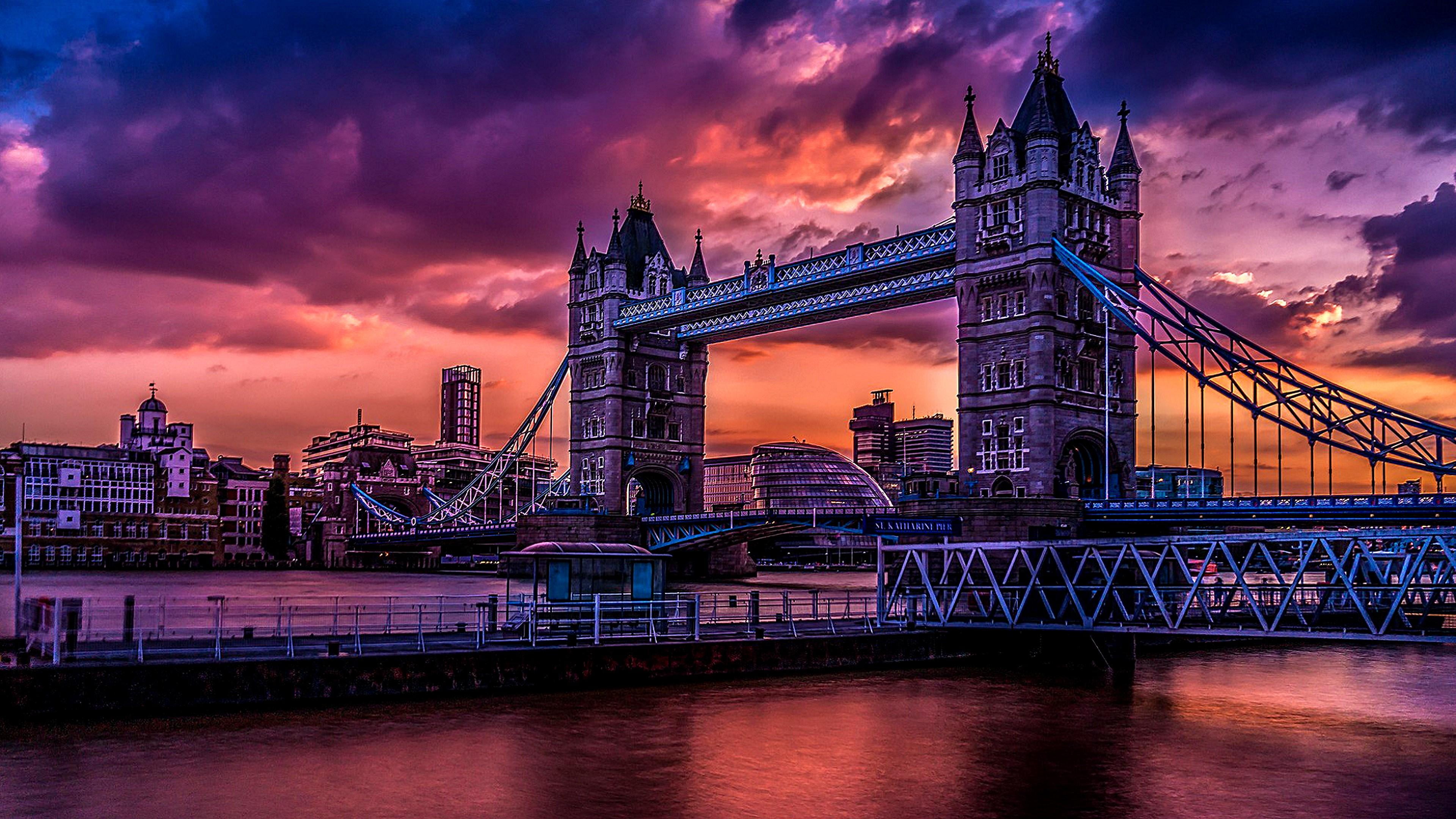 london, united kingdom, river, bridge, great britain, clouds