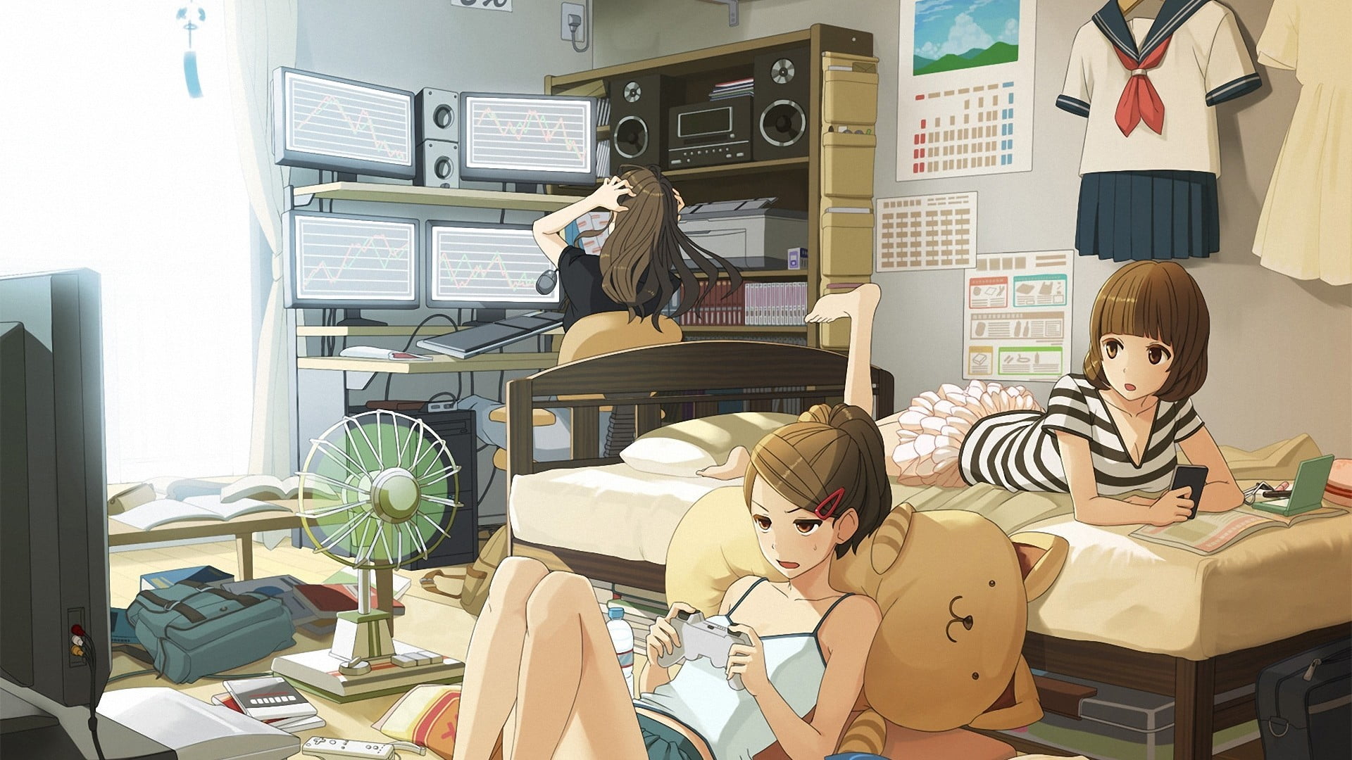 female anime characters, women, school uniform, computer, brunette