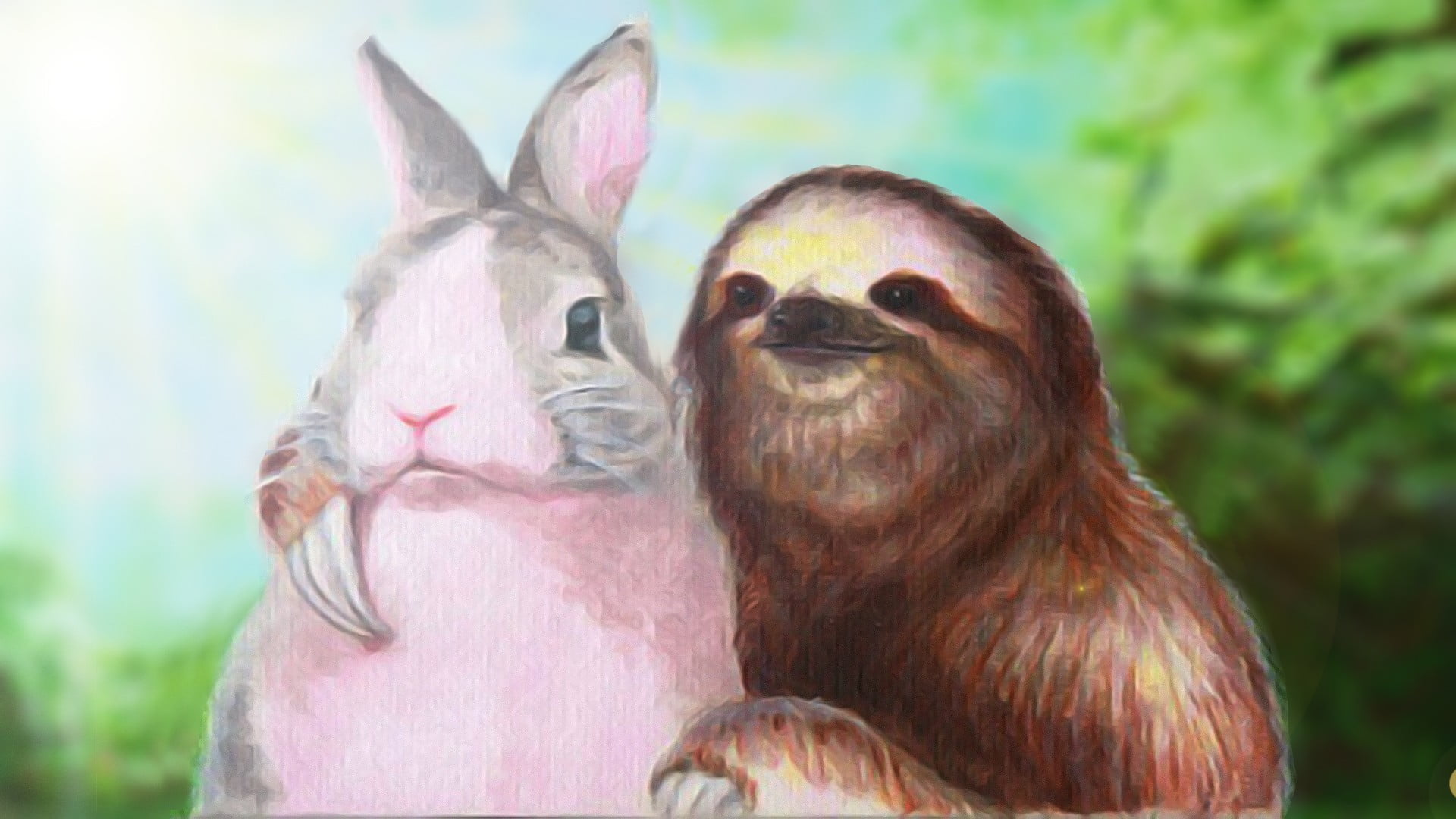 sloth and rabbit painting, humor, sloths, rabbits, animal themes