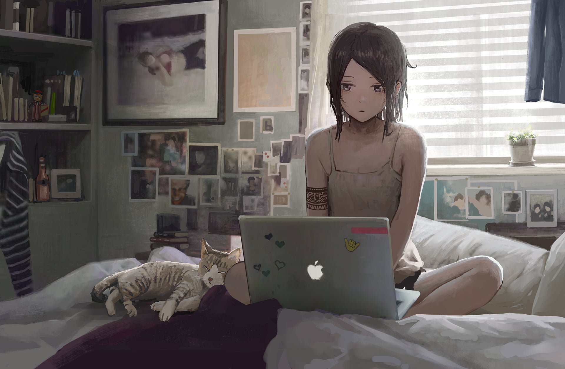 black haired girl anime character illustration, brown haired femal anime character facing on gray