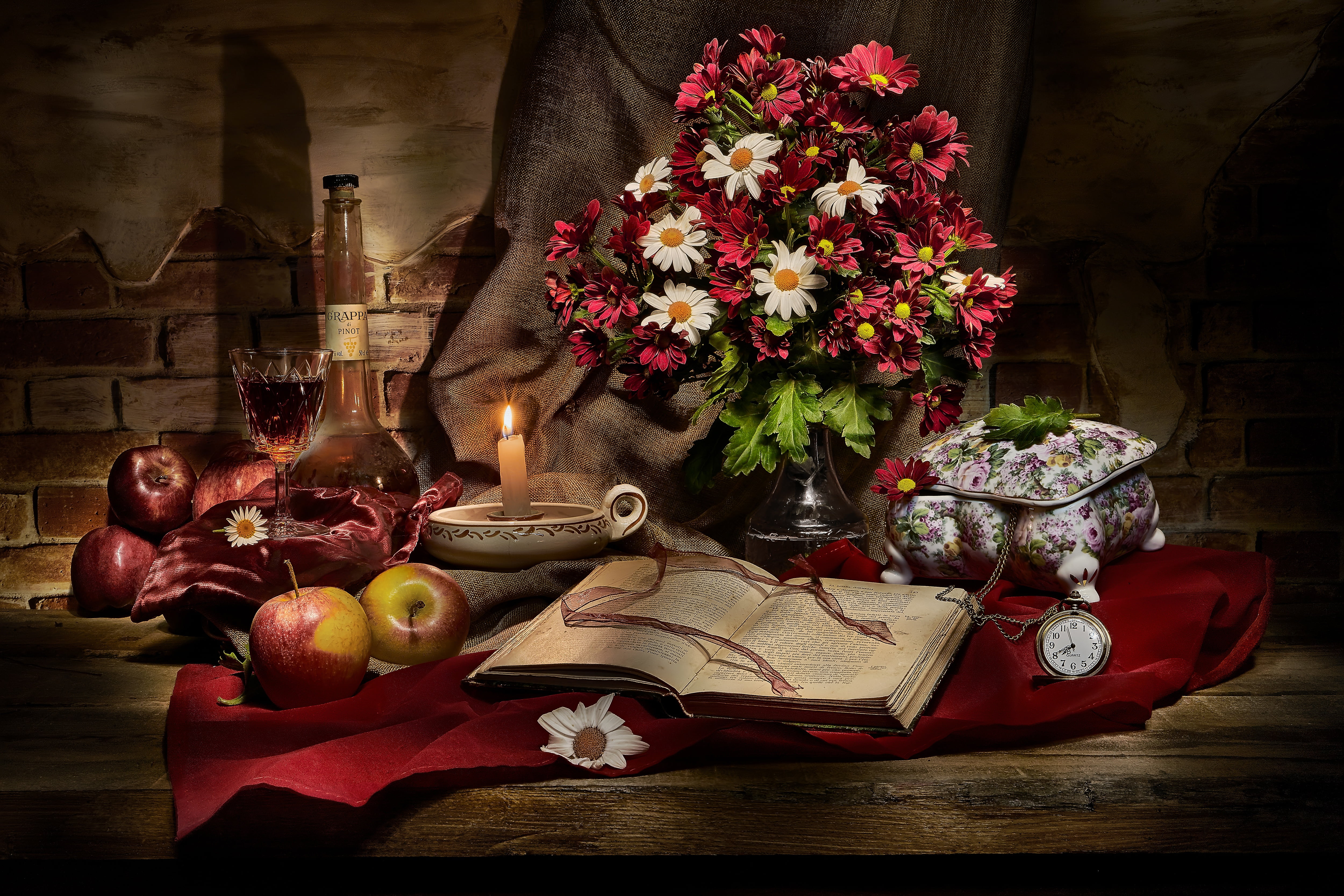 flowers, the dark background, wine, apples, Board, watch, glass