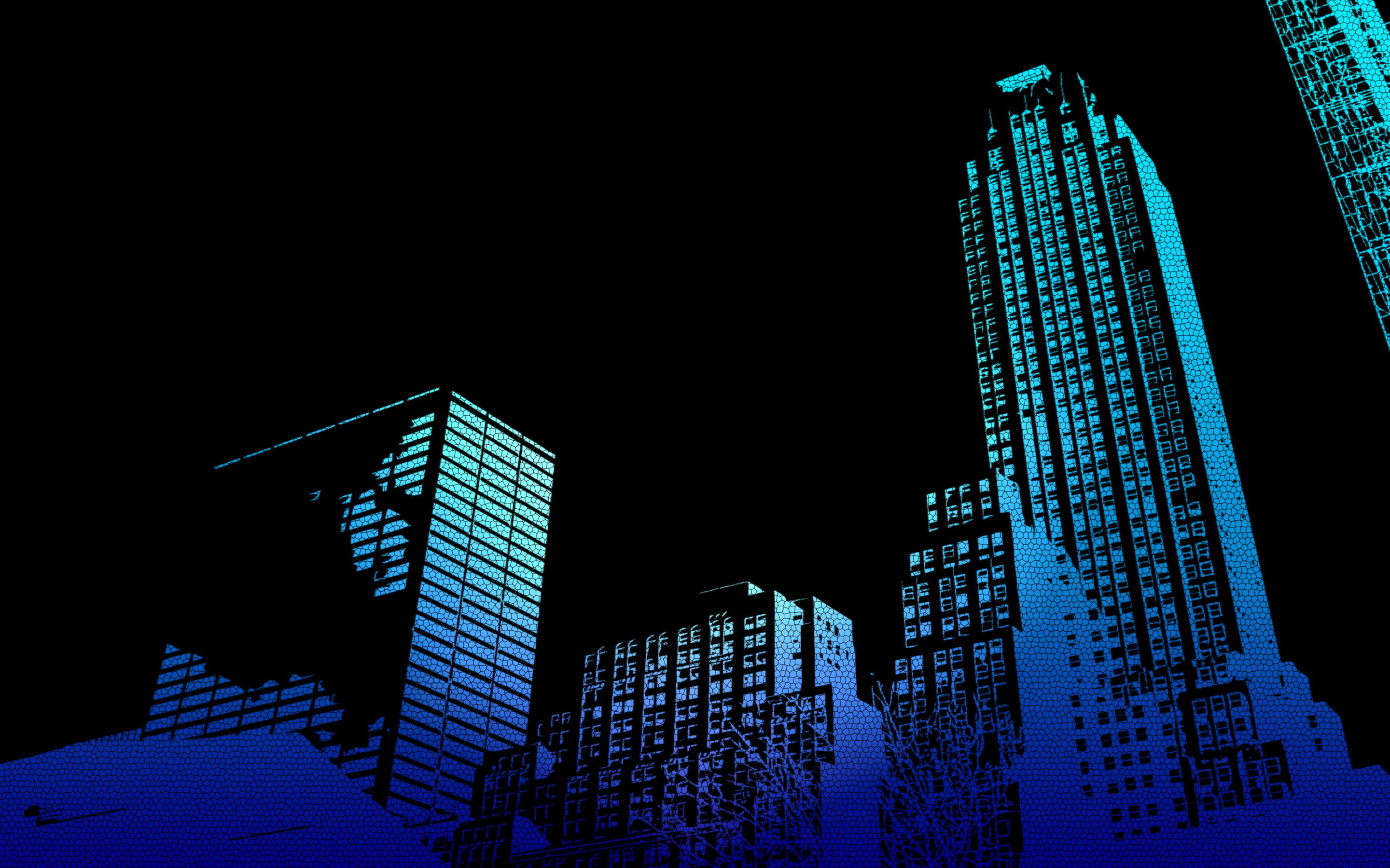 high rise buildings digital wallpaper, artwork, black, blue, skyscraper