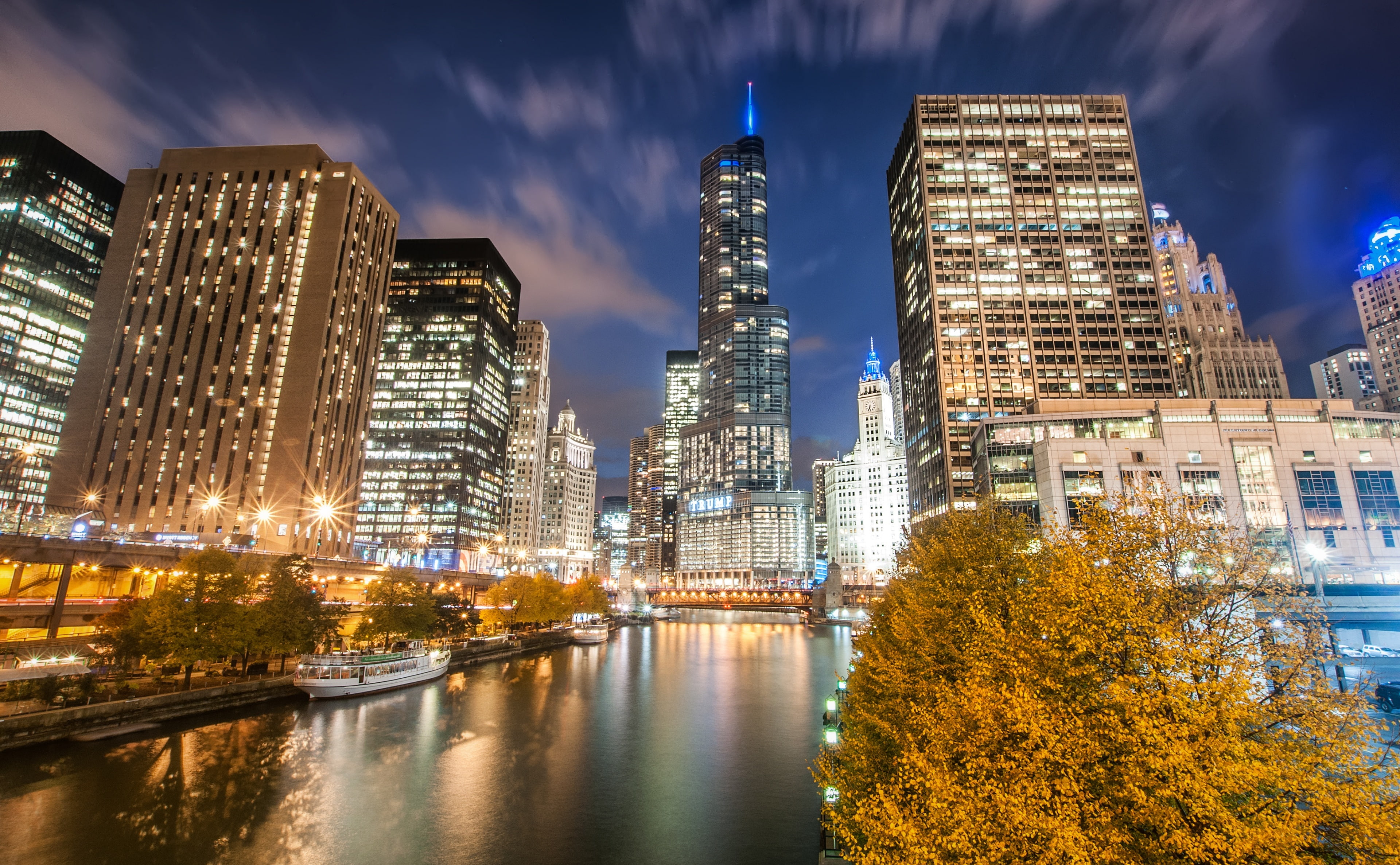 Chicago River, Night, Autumn, United States, Illinois, Lights