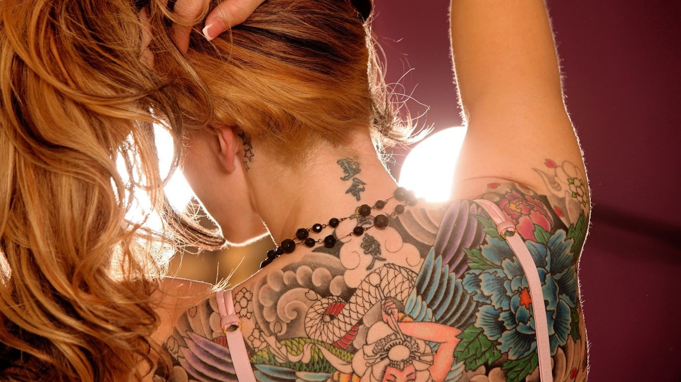 women back blonde tattoo, adult, fashion, indoors, human body part