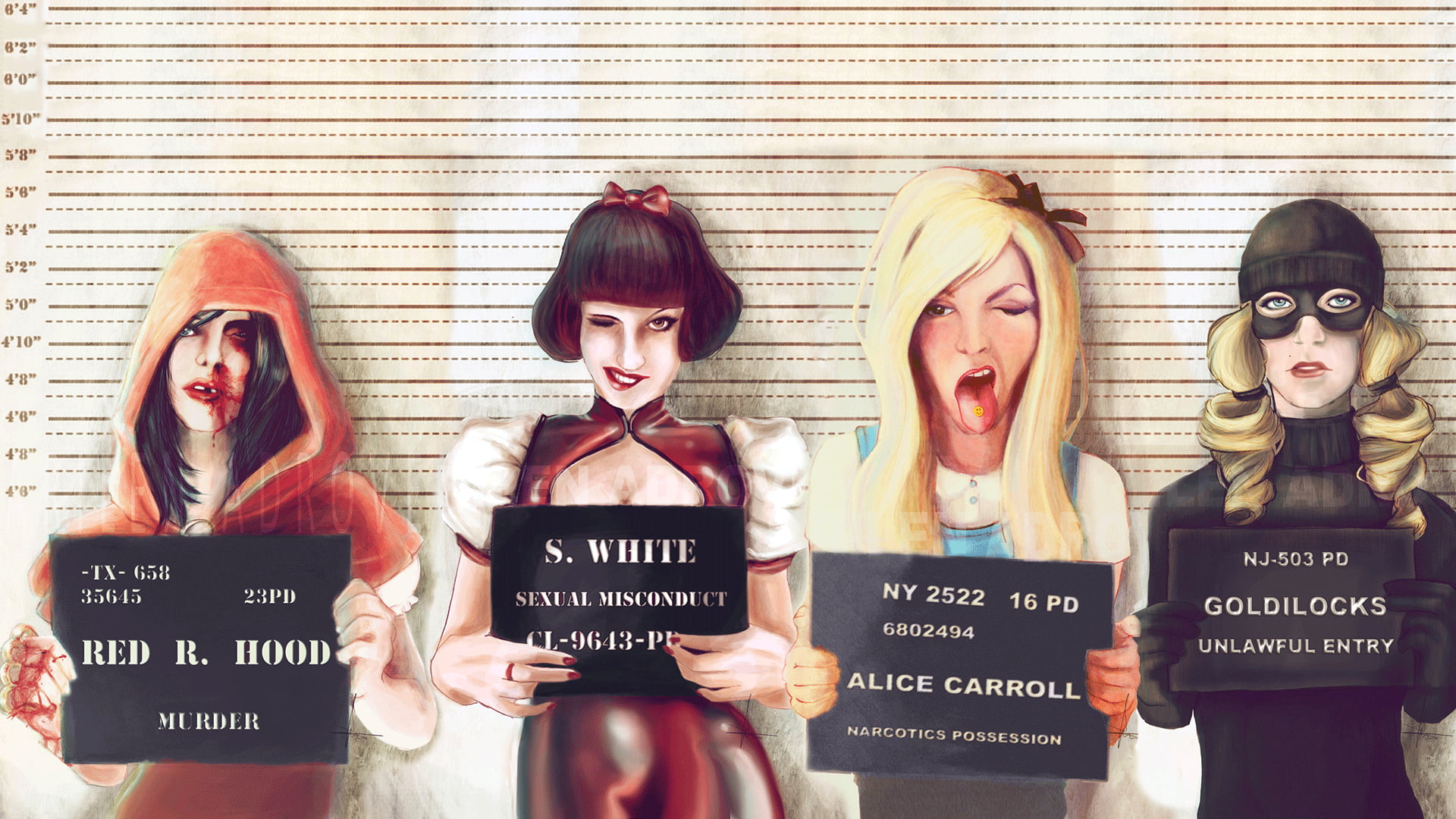 four characters wallpaper, artwork, fantasy art, Snow White, Alice in Wonderland