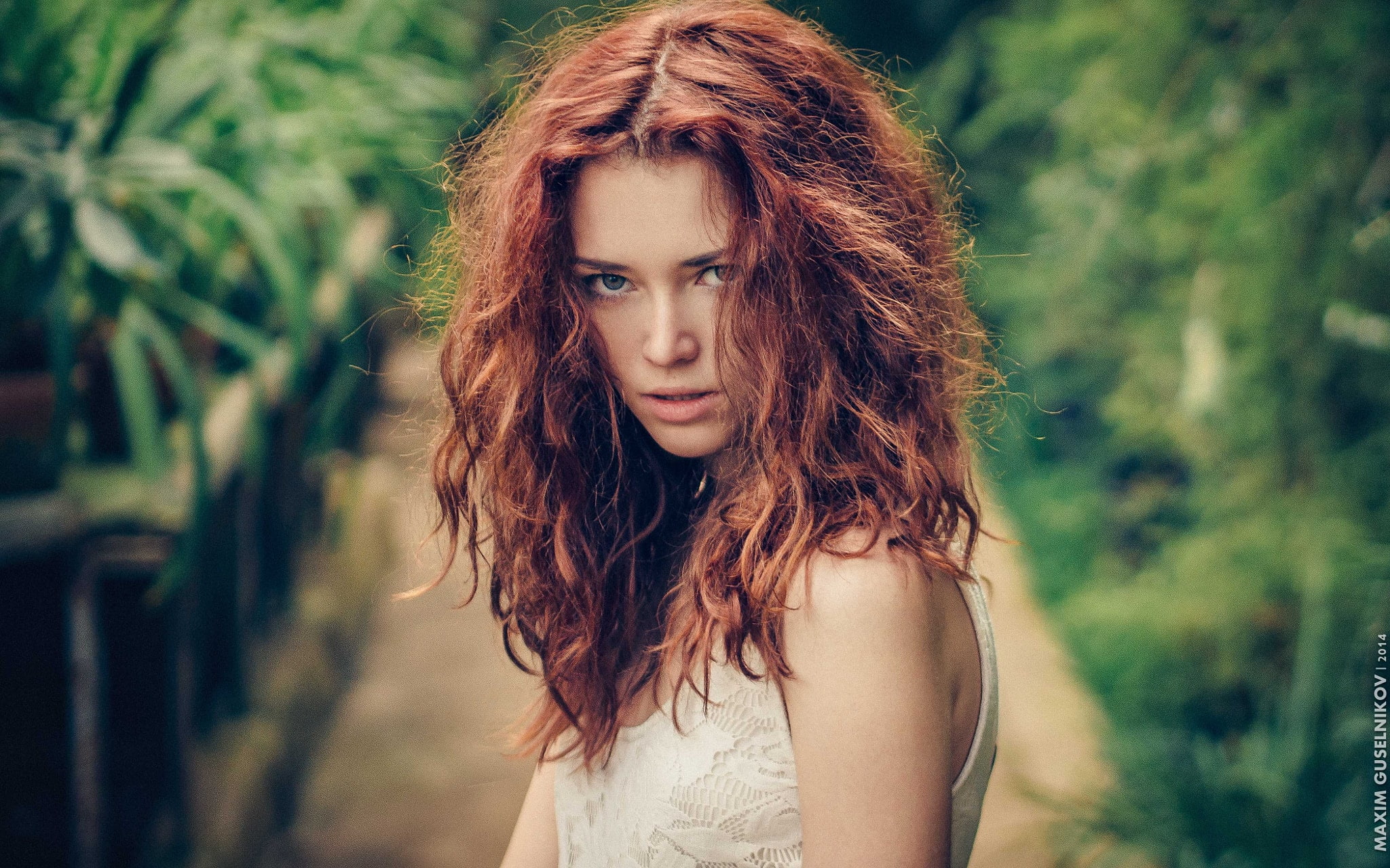 Anna Zabolotskaya, redhead, women, looking at viewer, greenhouse