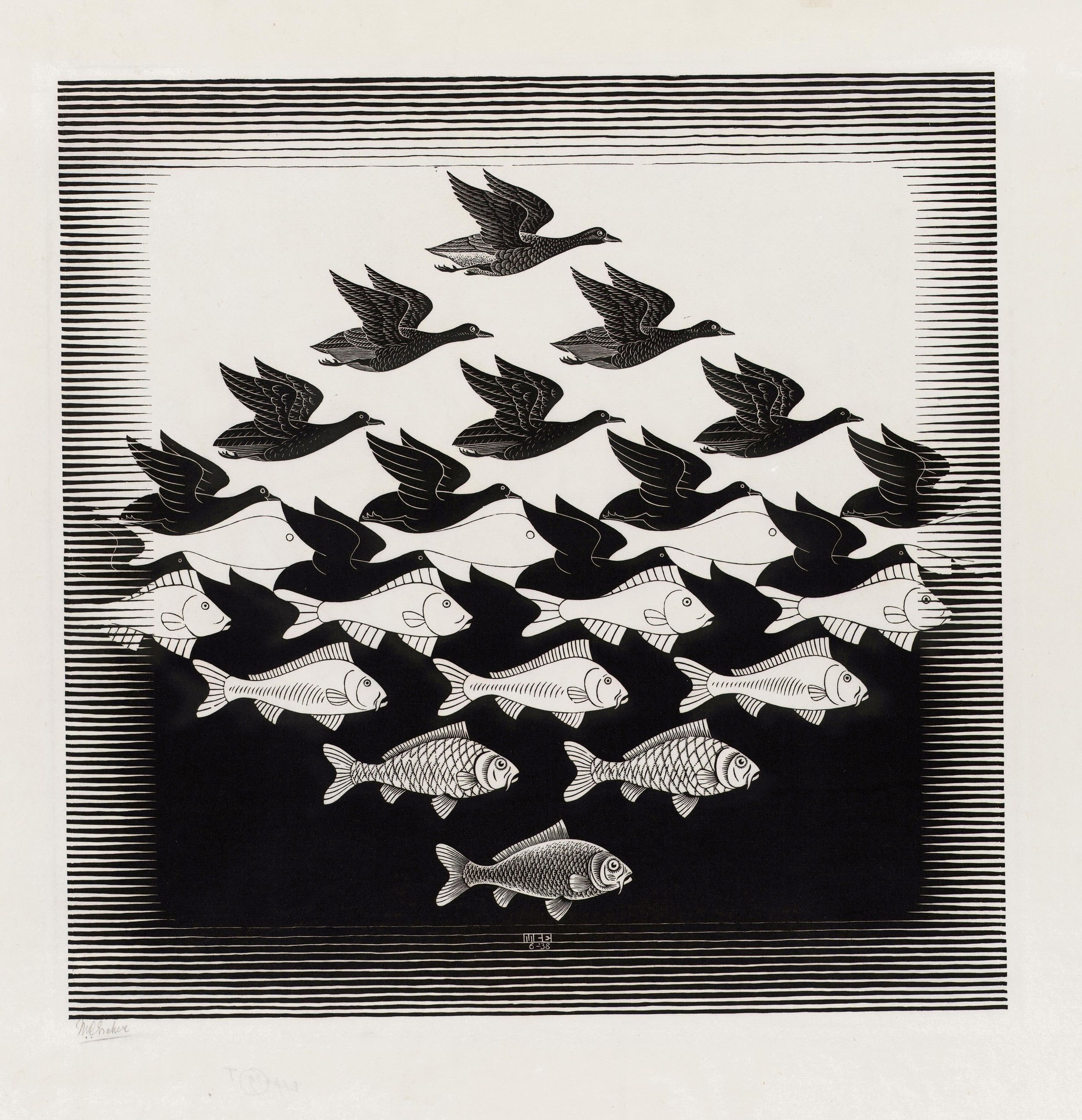 animals, monochrome, artwork, optical illusion, fish, signatures