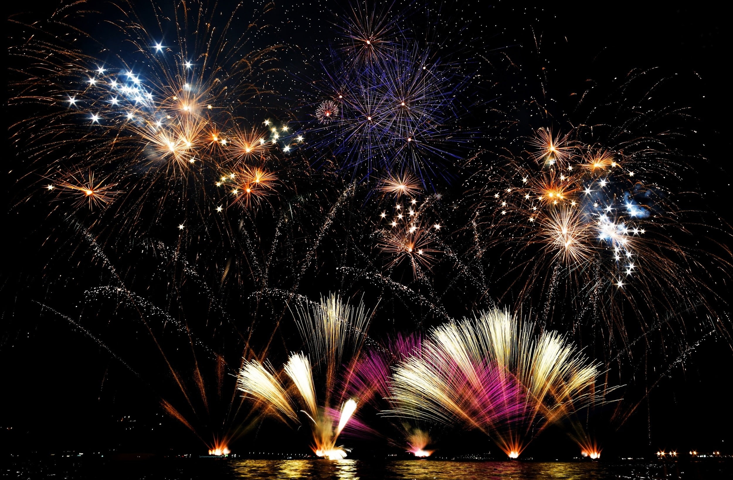 fireworks, New Year, holiday, lake, Italy, lights, night, landscape
